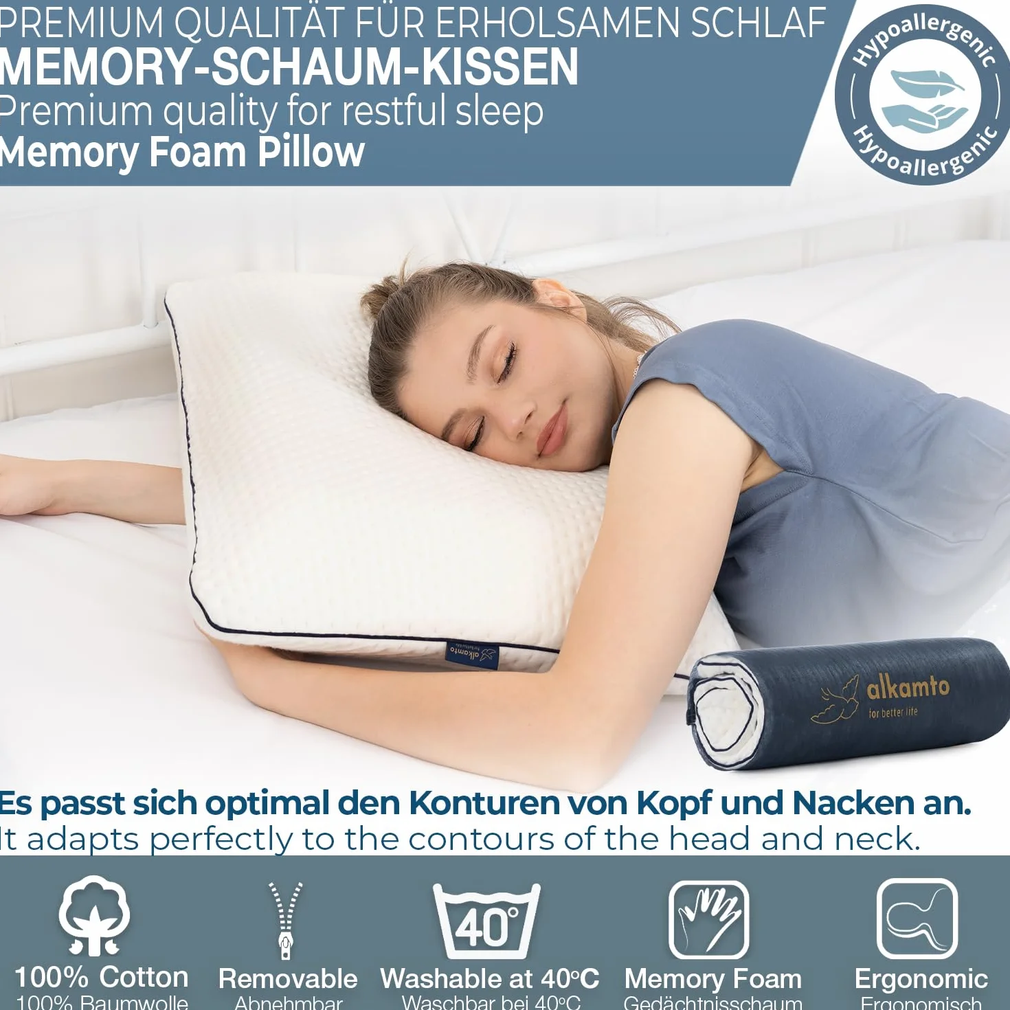 alkamto Poduszka z pianki memory 70x45 cm – Ergonomiczna poduszka podpierająca kark – Certyfikat Oeko-Tex – Oddychająca i termoregulująca poszewka – Hipoalergiczna i nadająca się do prania – Idealna