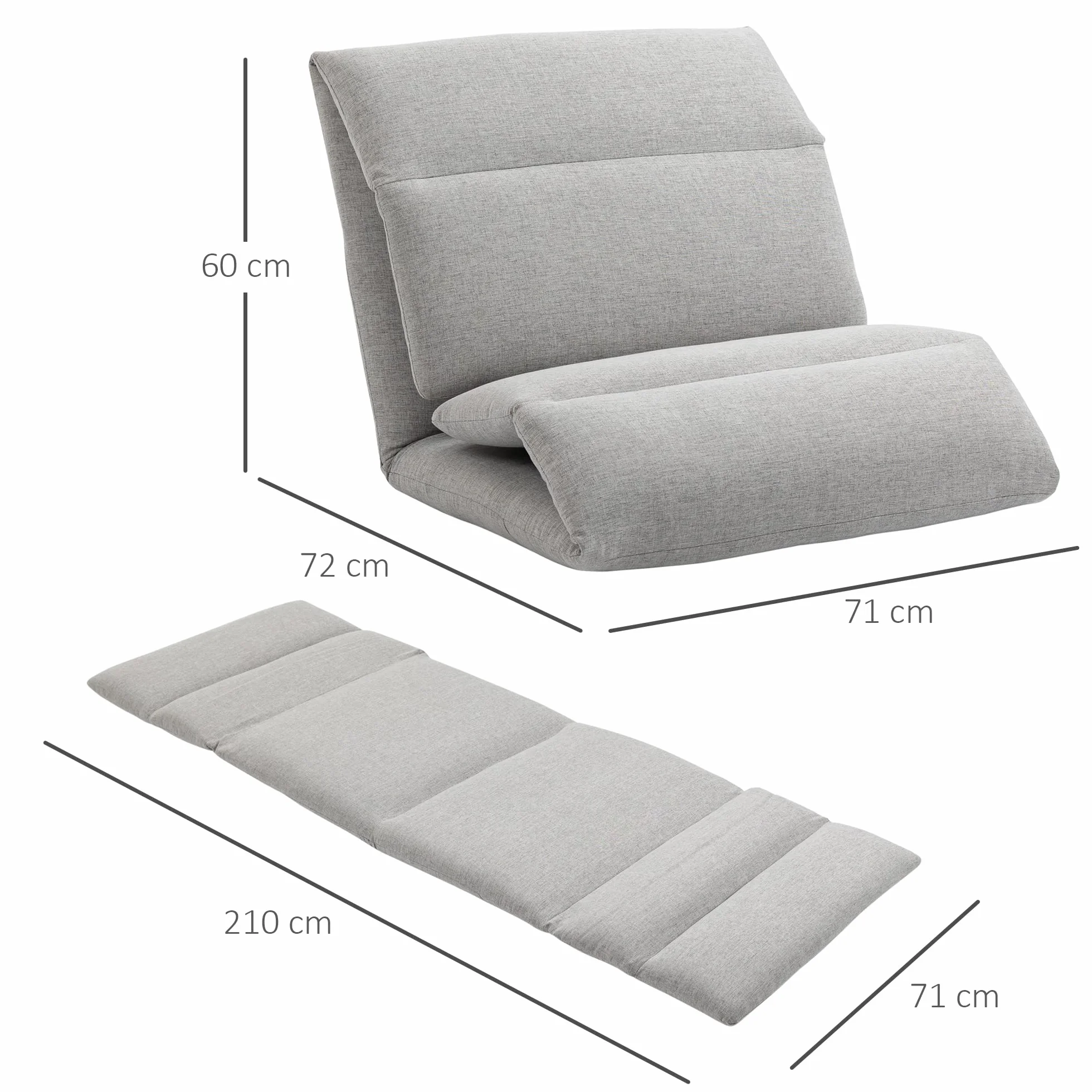 HOMCOM Fotel podłogowy, leniwy, rozkładany w łóżko, 5-pozycyjny odchylany oparcie, imitacja lnu, 72 x 71 x 60 cm, szary