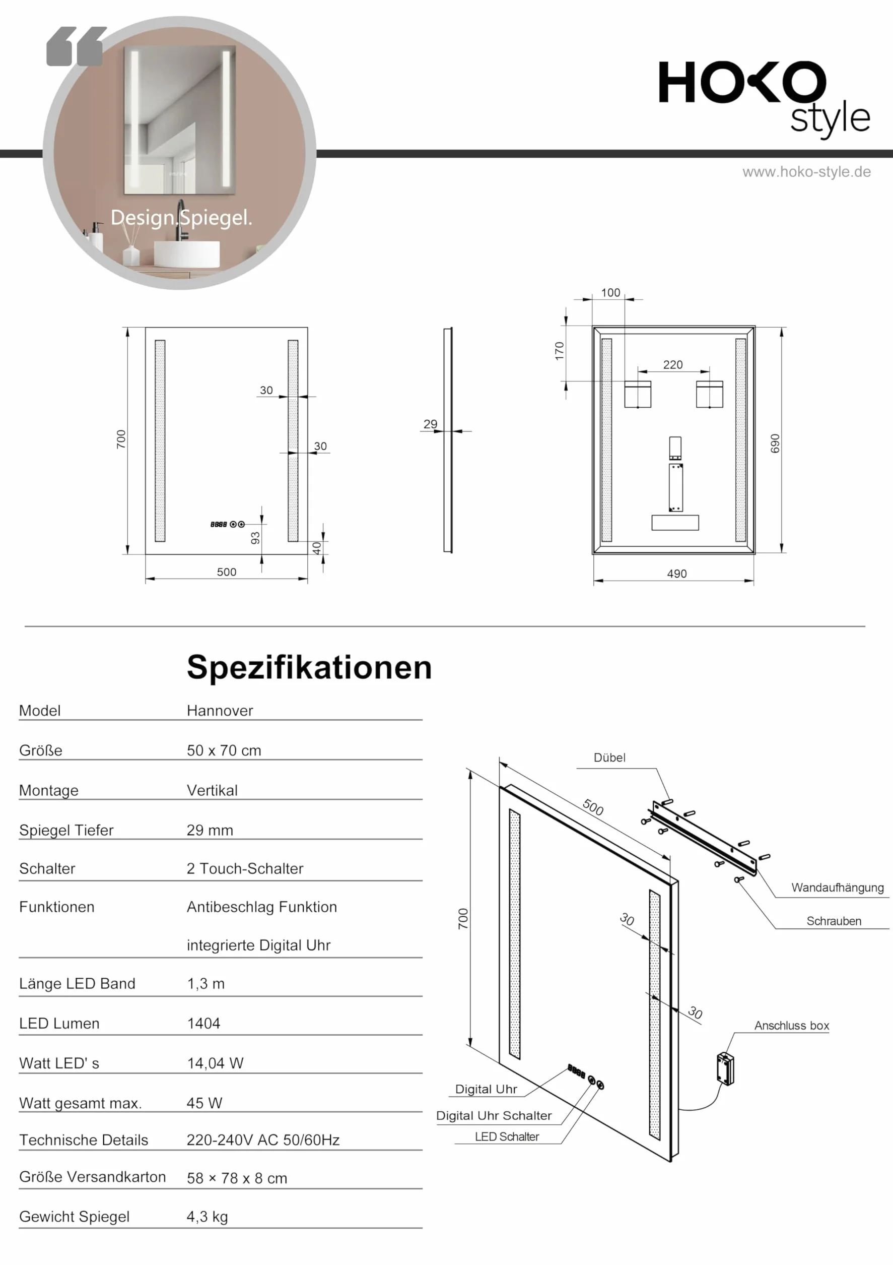 HOKO® Lustro łazienkowe LED 50 x 70 cm z zegarem i lustrzanym ogrzewaniem przeciwmgielnym z oświetleniem + zmianą diod LED, ciepła biel, zimna biel, neutralne