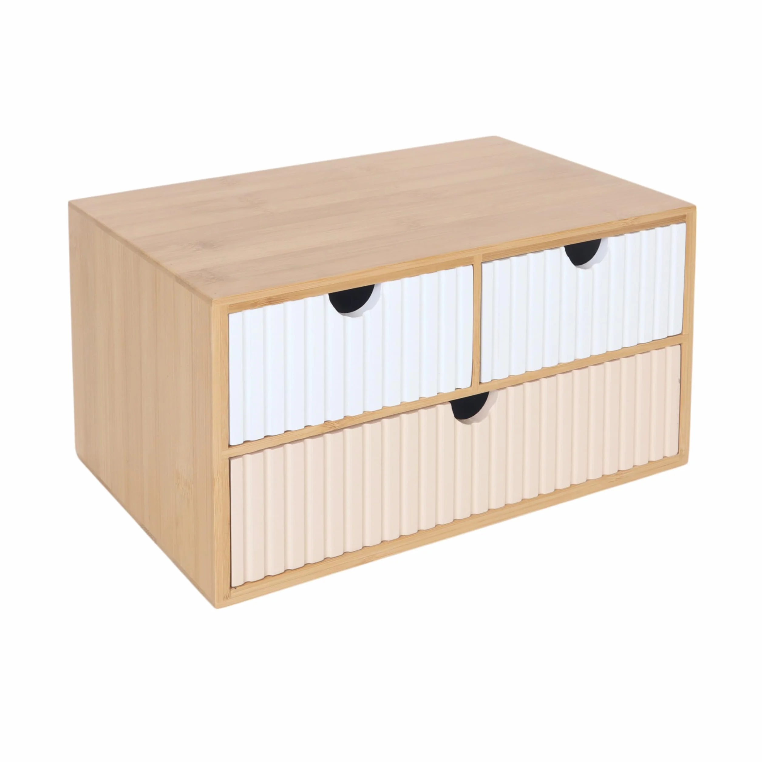 Relaxdays Pudełko z szufladami, bambus i MDF, 3 rowkowane szuflady, wys. x gł.: 15 x 30 x 20 cm, organizer na biurko, biały/różowy