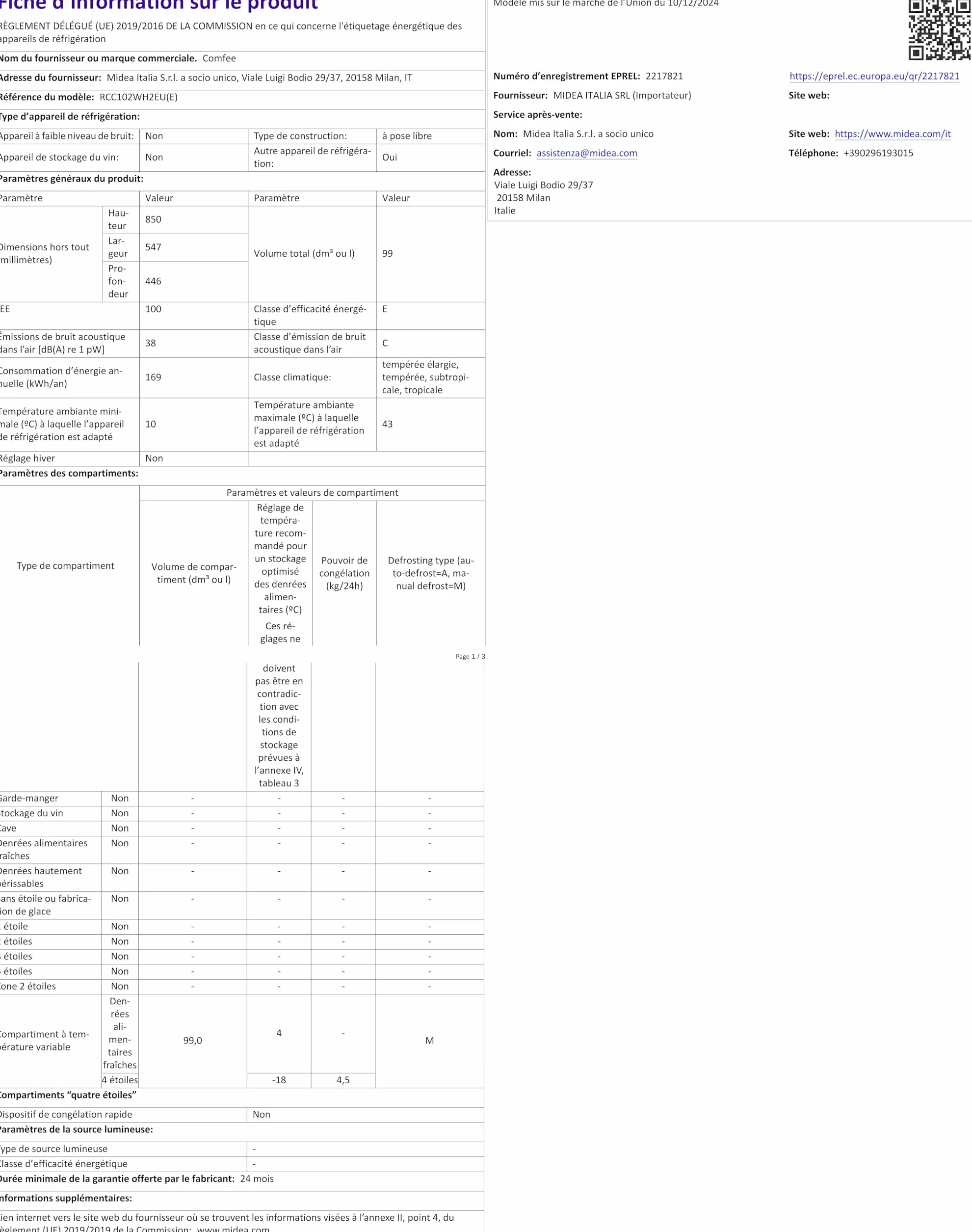 Comfee Wolnostojąca zamrażarka skrzyniowa 99L, konwertowalna zamrażarka/lodówka, inwerter, 4 gwiazdki, biała