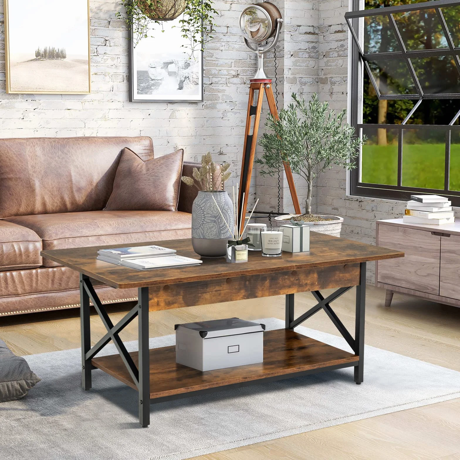 COSTWAY stolik kawowy, stolik z regałem, stół do salonu, stolik do sofy do salonu, wymiary: 110 x 60 x 48 cm (Rustykalny brąz)