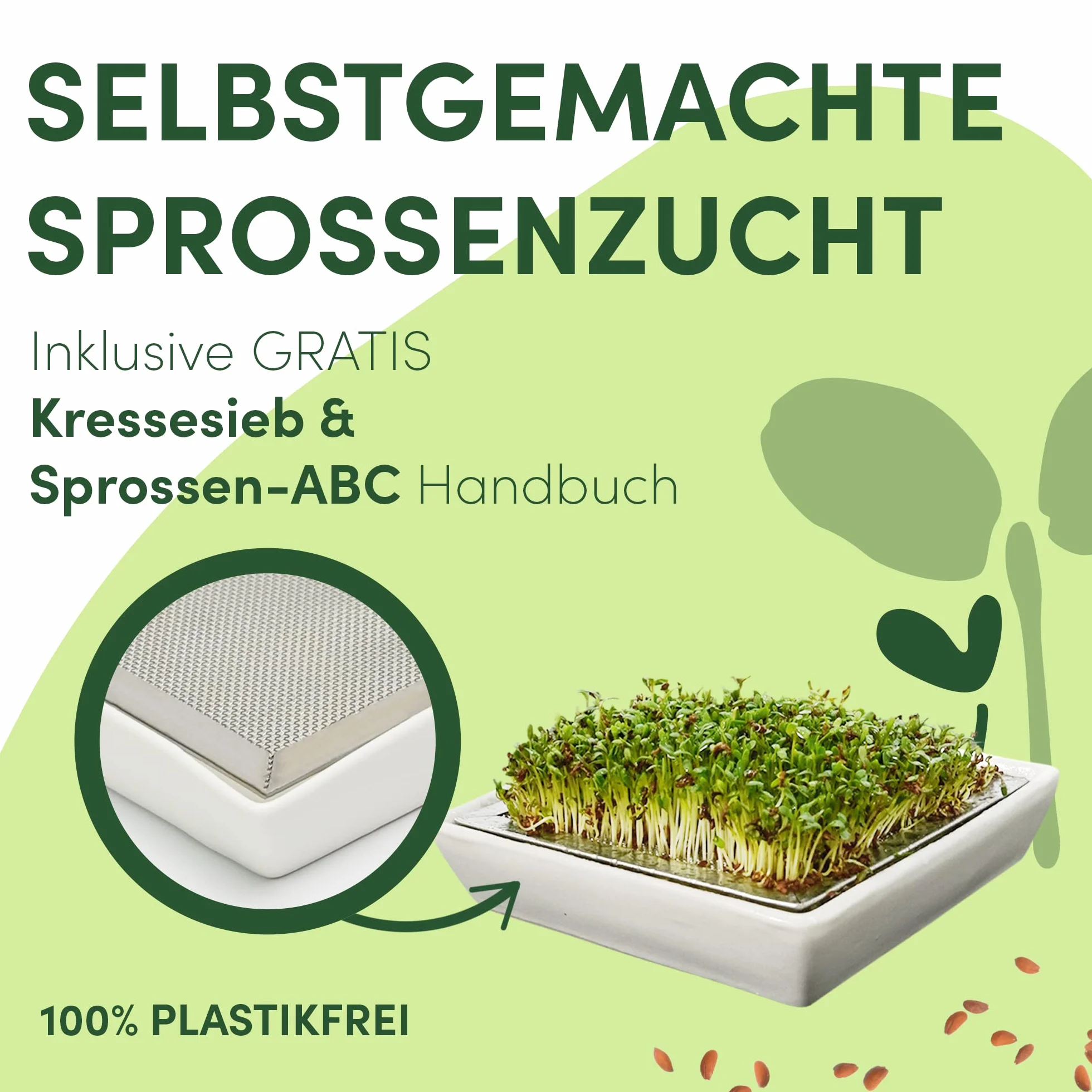 Green SEEDS Sitko do rzeżuchy, zestaw 1 misek do rzeżuchy, sitko ze stali nierdzewnej z wysokiej jakości miską ceramiczną, miska do uprawy 14 x 14 cm, nadaje się do mycia w zmywarce, nierdzewne +