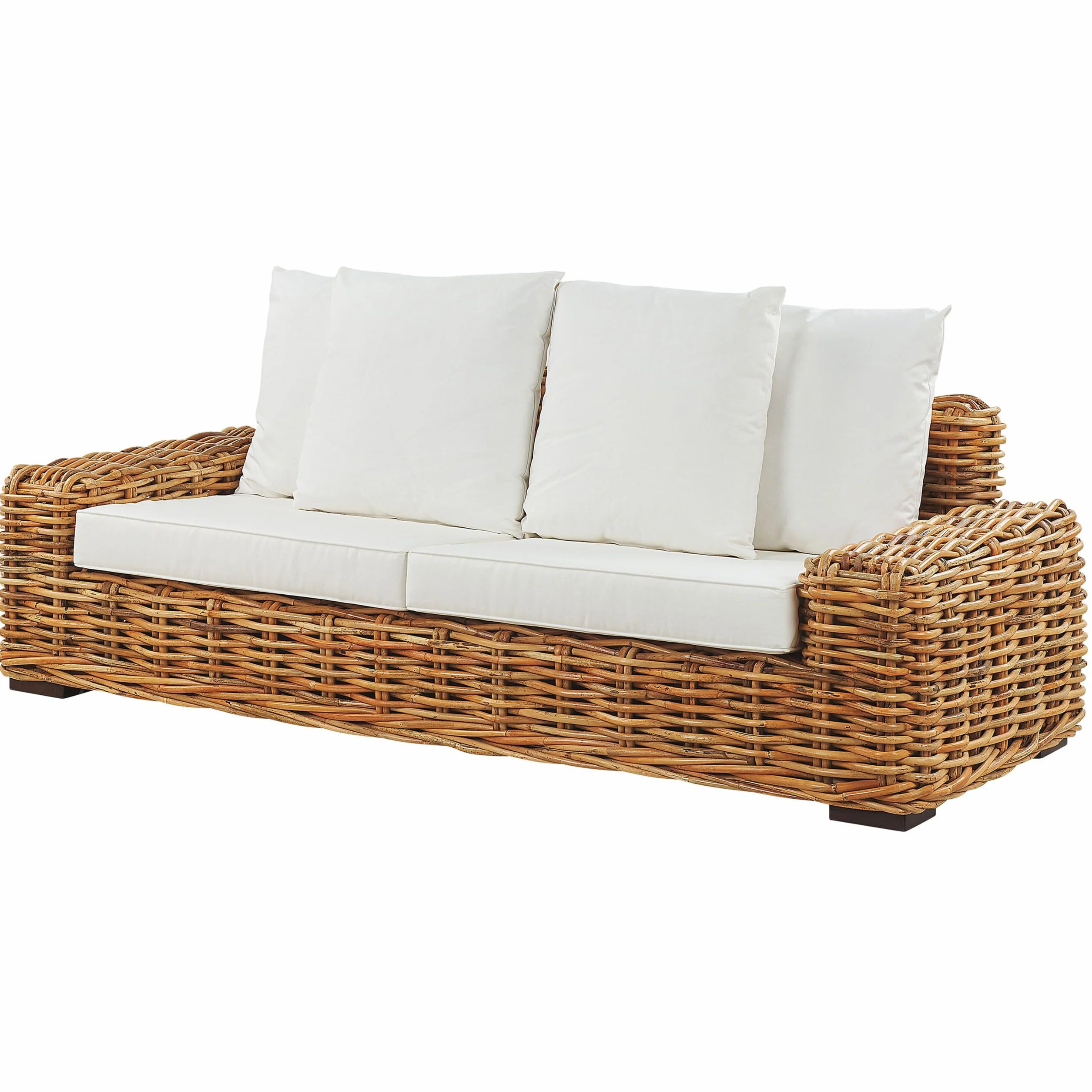 Sofa ogrodowa 3-osobowa kanapa z białymi poduszkami rattanowa naturalna Florli