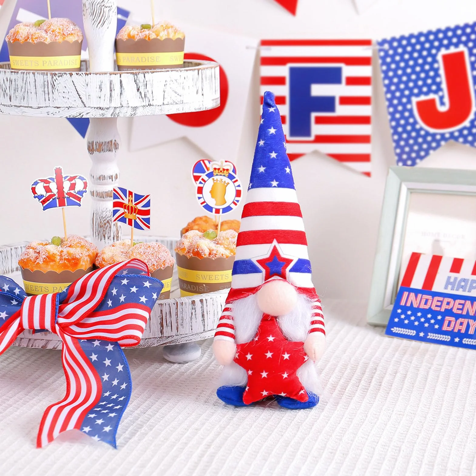 Dzień Weterana Pluszowy gnom amerykański, 4 lipca Ozdoby patriotyczne gnomy Szwedzkie gnomy Tomte Pluszowe ozdoby stołowe Krasnal z okazji Dnia Pamięci Niepodległości (1#)