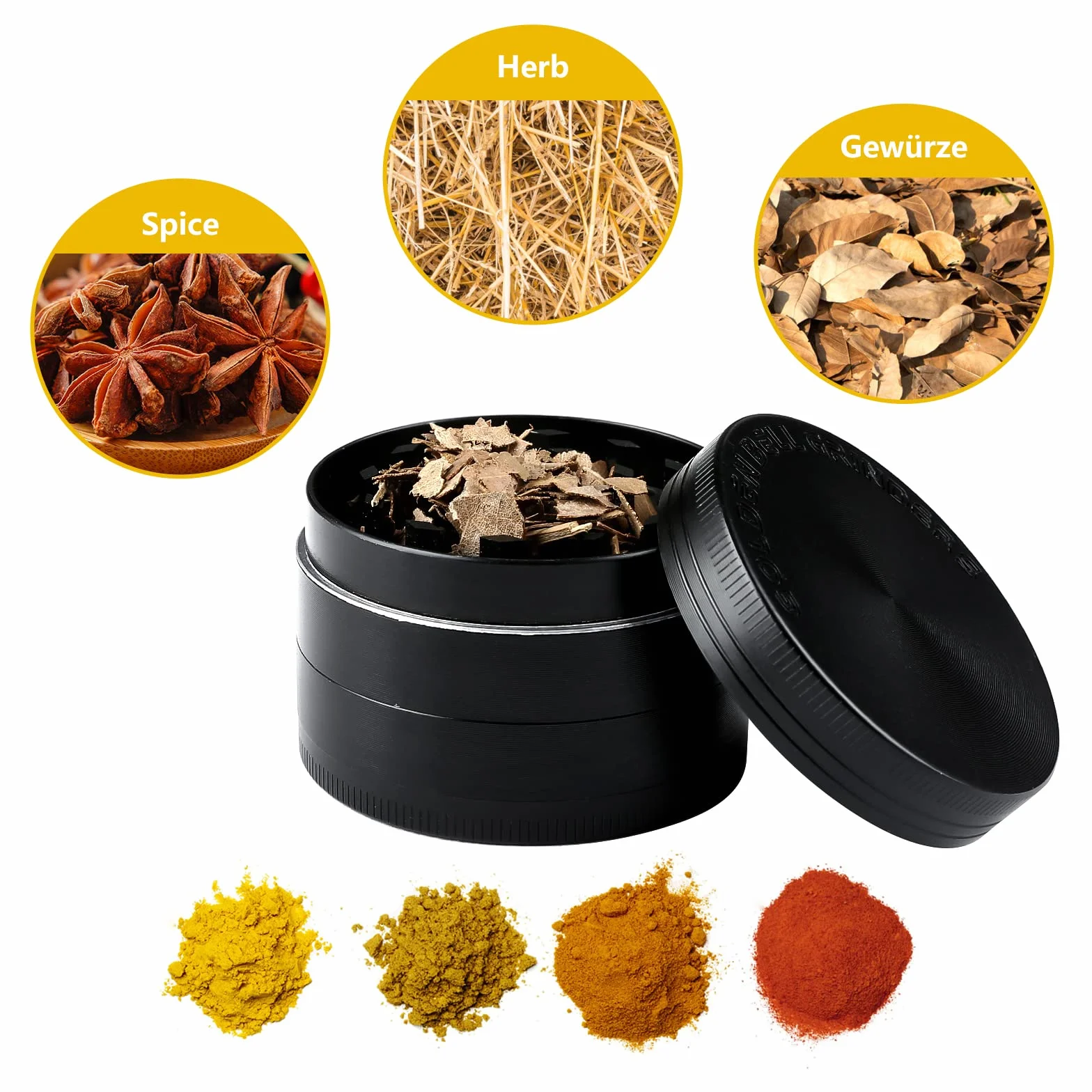 Golden Bell Grinder Crusher 4-częściowy zestaw młynków ze skrobakiem, pyłkami, ziołami, przyprawami, ziołami, młynkami do ziół, jako prezent dla ojca, przyjaciela, mężczyzny (czarny, 2 x 3,5 cm)