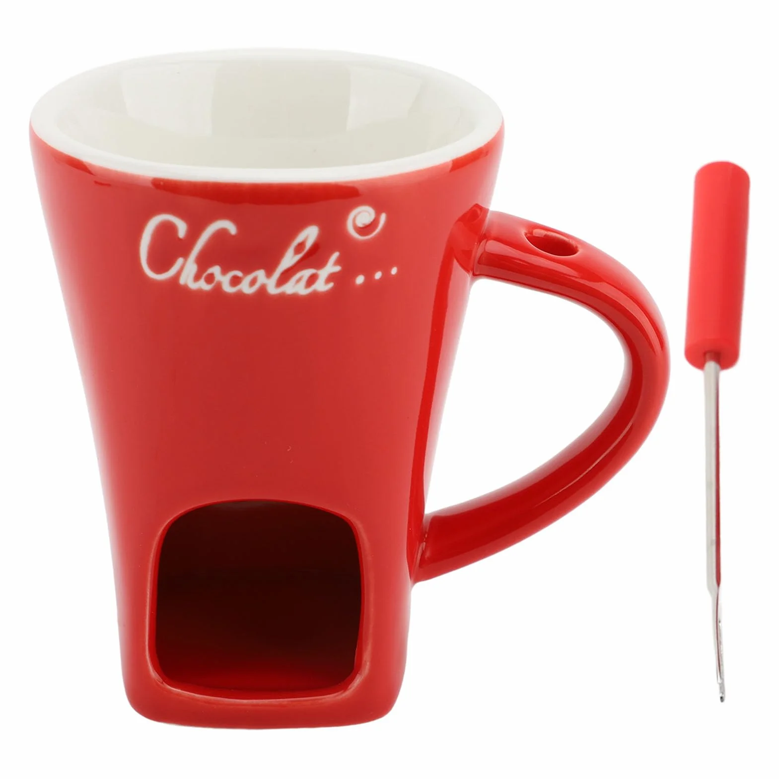 Ceramiczny Kubek do Topienia Czekolady Fondue z Widelcem, Czerwony