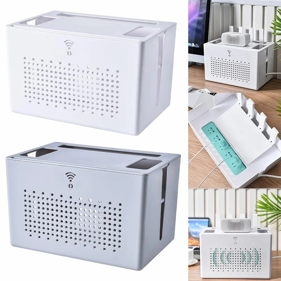 Bezprzewodowy router WiFi, skrzynka do przechowywania, modem sieciowy, osłona routera, półka listwa zasilająca i zarządzanie kablami, stojak biurowy, zorganizowane półki (szary)