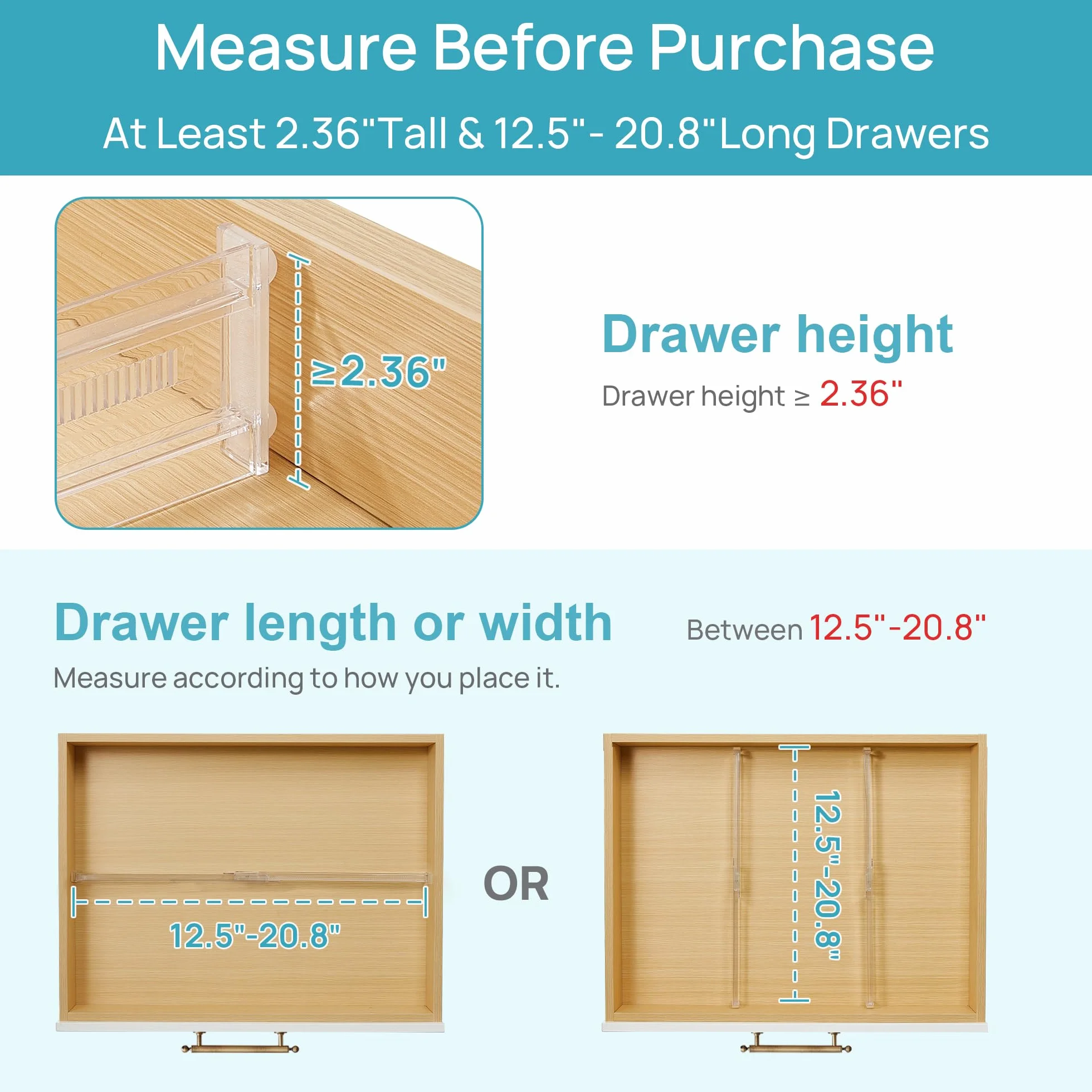 Vtopmart 8 sztuk płytkich przegródek do szuflad, wysokość 6 cm, 32 cm - 53 cm, regulowany, rozszerzalny organizer kuchenny, przezroczyste plastikowe organizery separatory do sztućców, sztućców