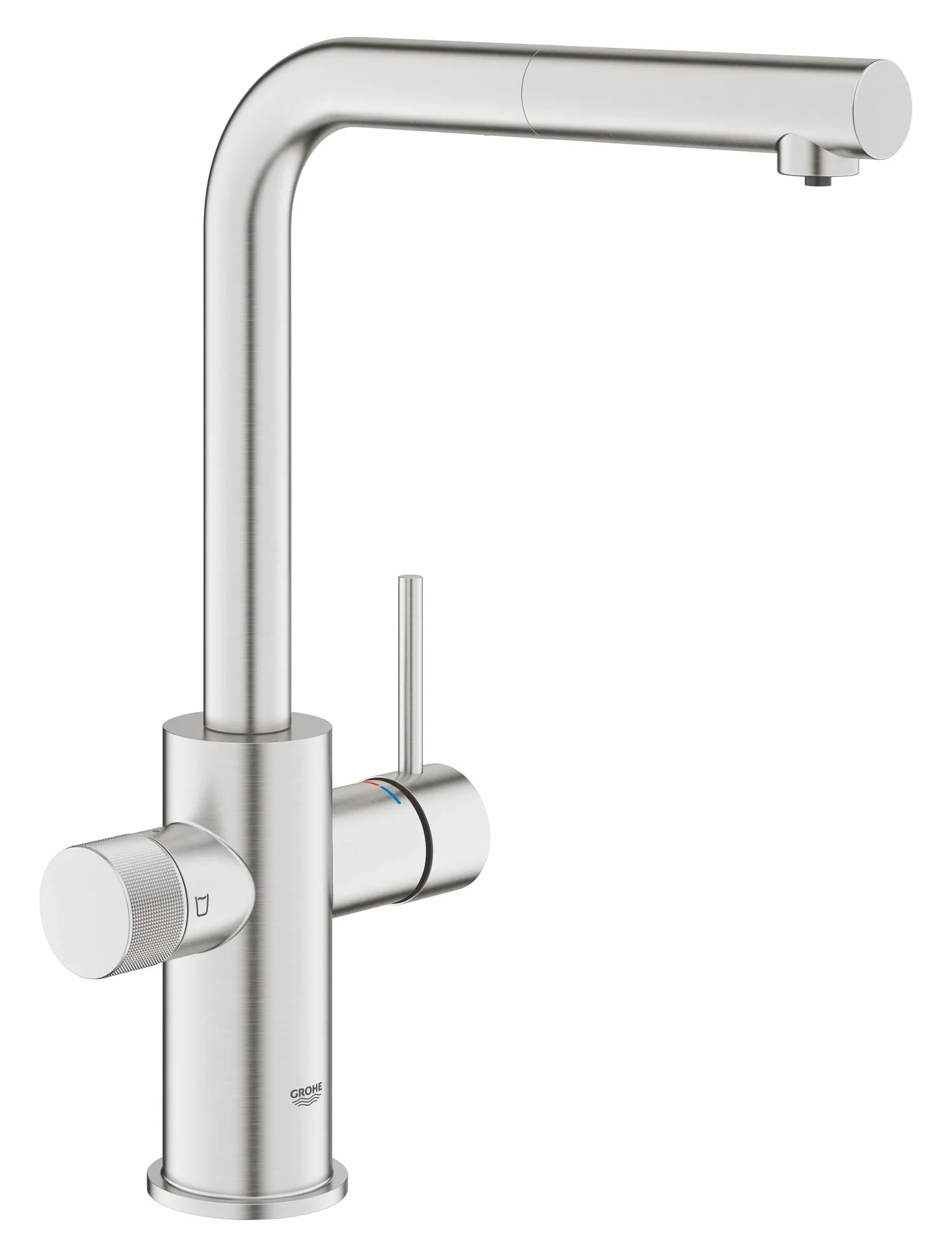 GROHE Minta, Bateria kuchenna (wymienny wysoki wylewka, kształt L, kompatybilny z niebieskimi zestawami filtracji (oddzielnie), mniejsze zużycie wody), matowy szary, 30601DC0