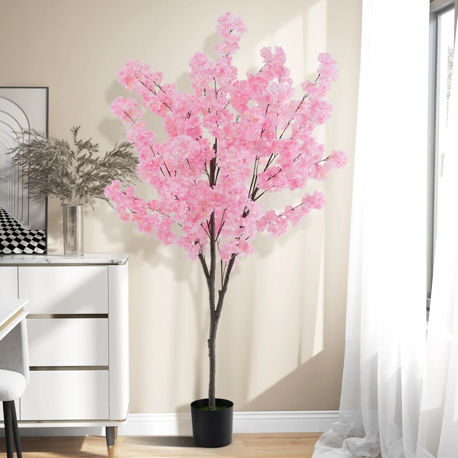 GIANTEX Wysokie sztuczne drzewo wiśni 190 cm, z 1170 różowymi kwiatami, mecet wypełniony cementem, wewnętrzna roślina dekoracyjna na wesele, wejście, salon