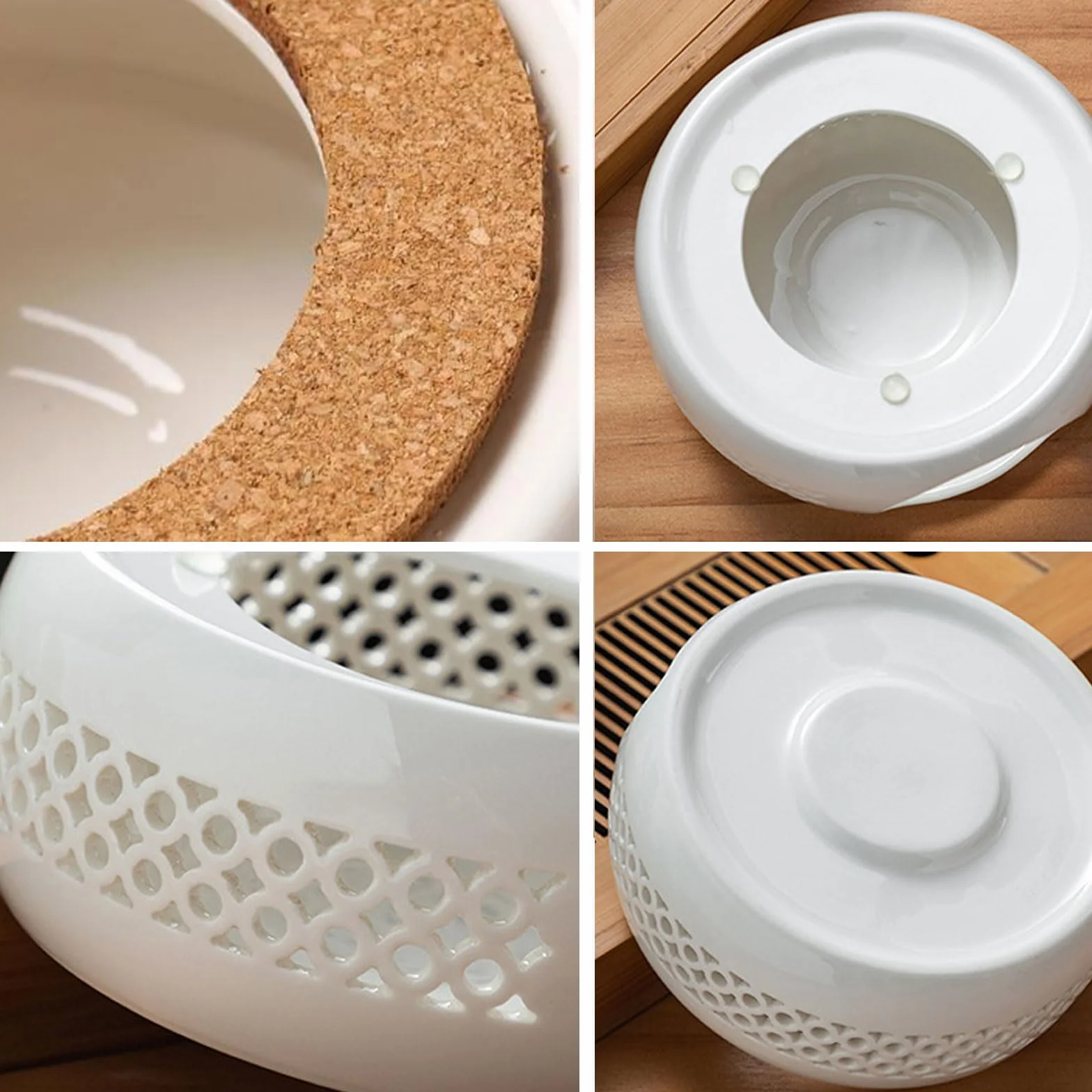 Porcelanowy podgrzewacz do herbaty z korkową matą i uchwytem, biały