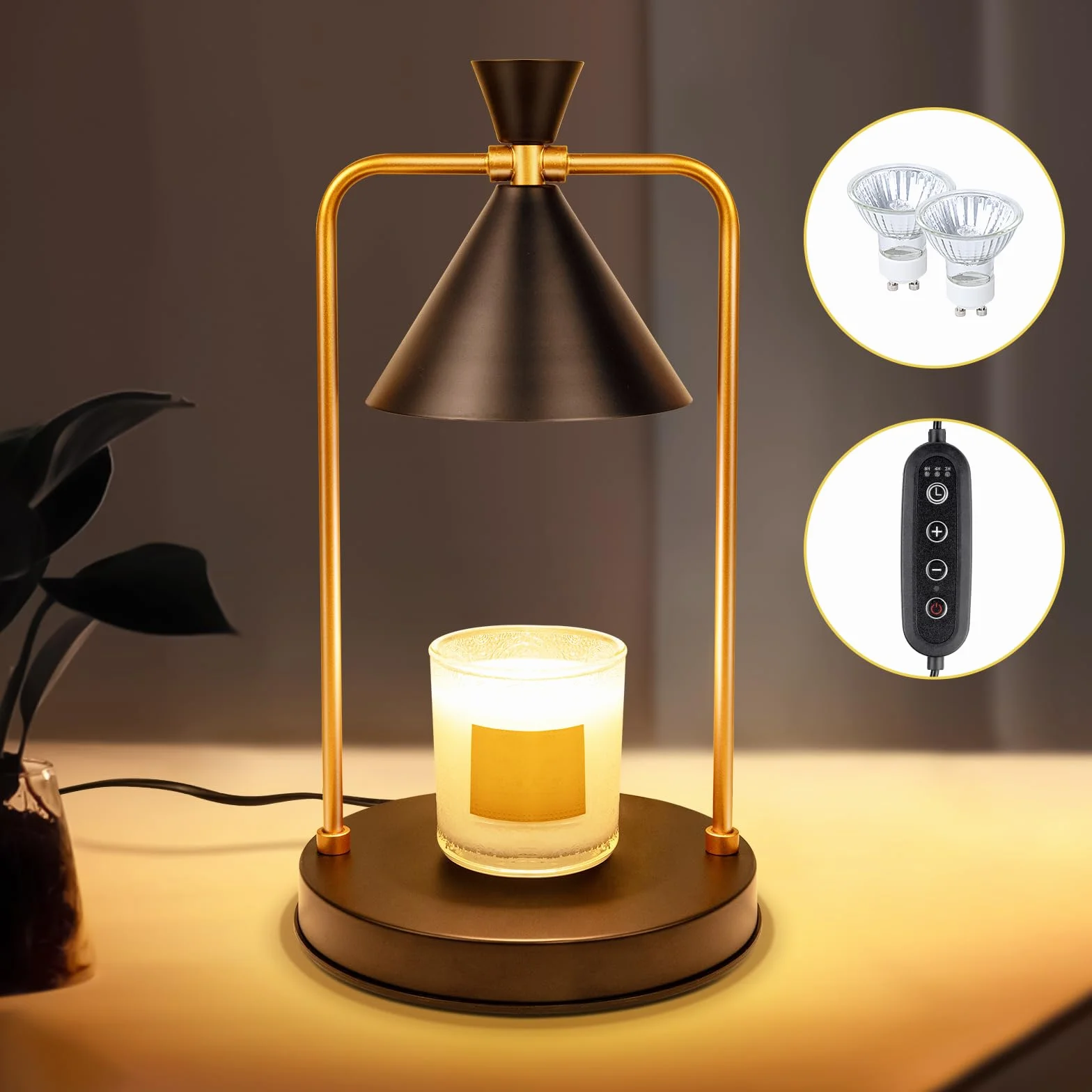 Elektryczny podgrzewacz świec, lampa LED do świec zapachowych: świeczka z metalowym świecznikiem, ściemniana, z gniazdkiem, timerem i 2 żarówkami, do kuchni, domu, na łóżko, prezent (czarny)
