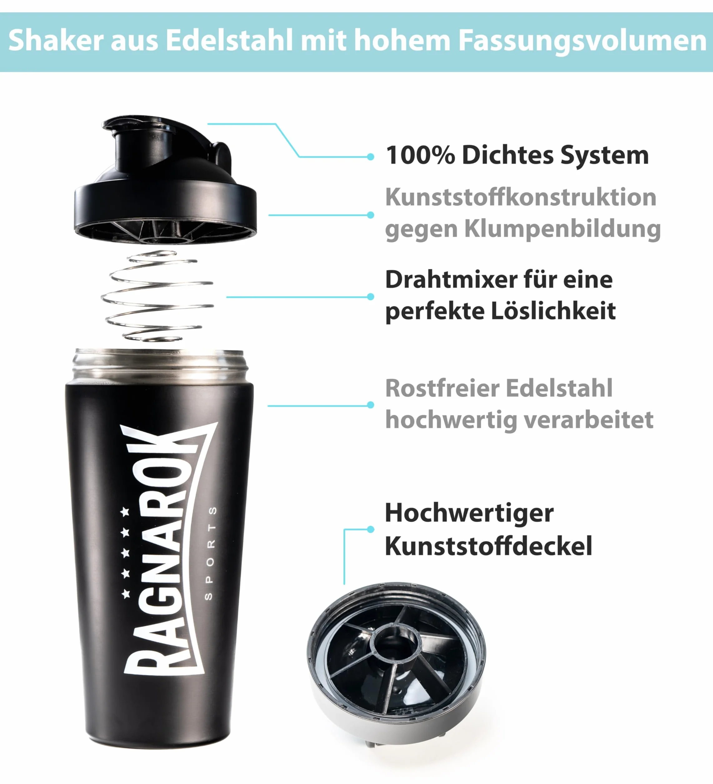 RAGNAROK Stal szlachetna shaker Protein 750 ml metalowy shaker butelka na napoje z kulką Sport Fitness