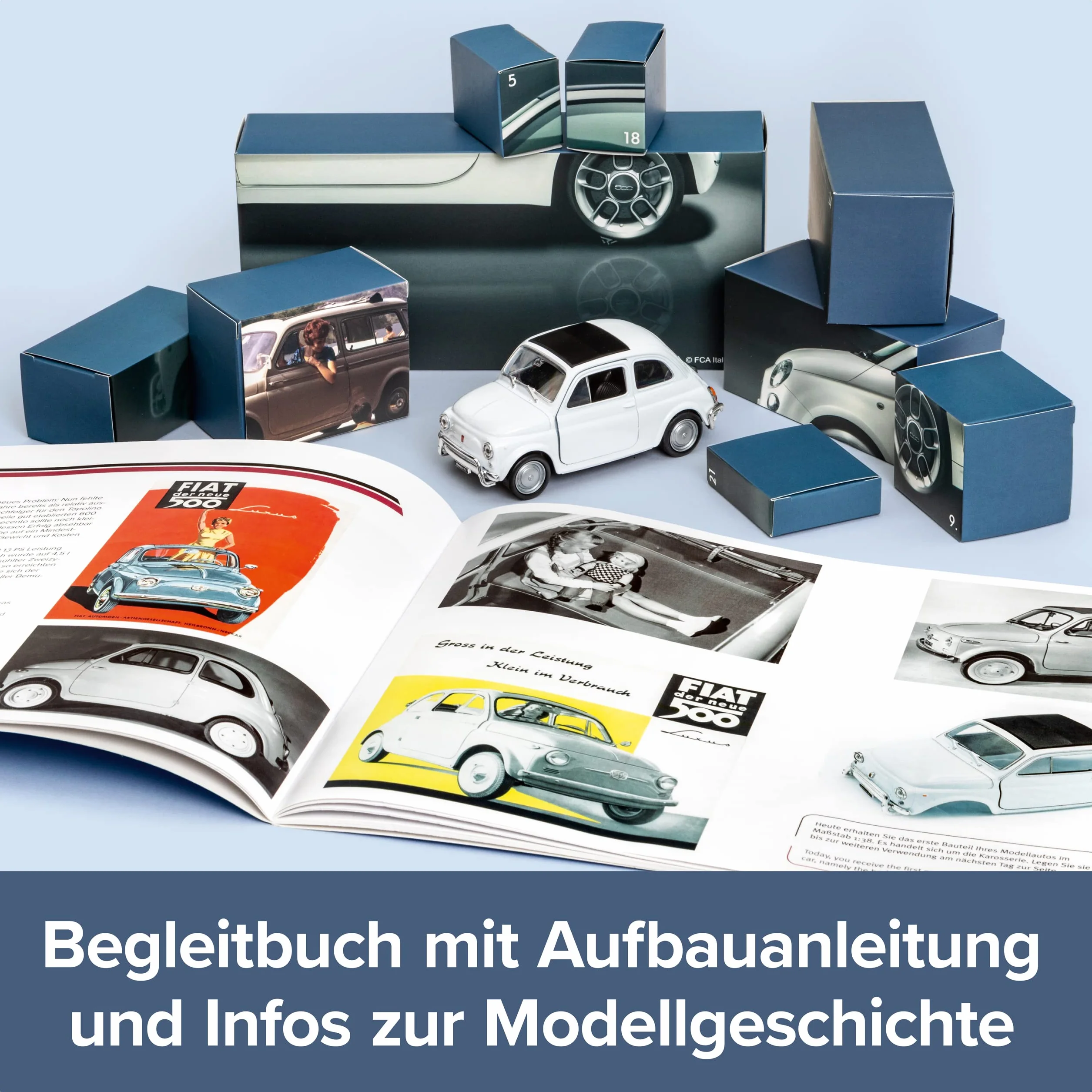 Franzis 67168 Kalendarz adwentowy Fiata 500, metalowy model w skali 1:38, zawiera moduł dźwiękowy i 52-stronicową książkę z dodatkami