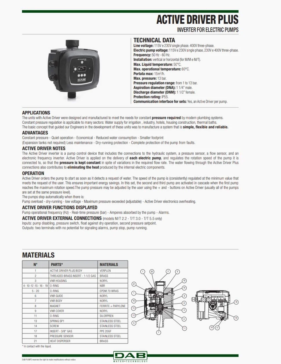 DAB Active Driver Plus M/M 1,1 Inverter Urządzenie do sterowania i kontroli dla elektrycznej pompy o stałym ciśnieniu Cicha praca Oszczędność gospodarki Redukcja zużycia wody Ochrona pompy