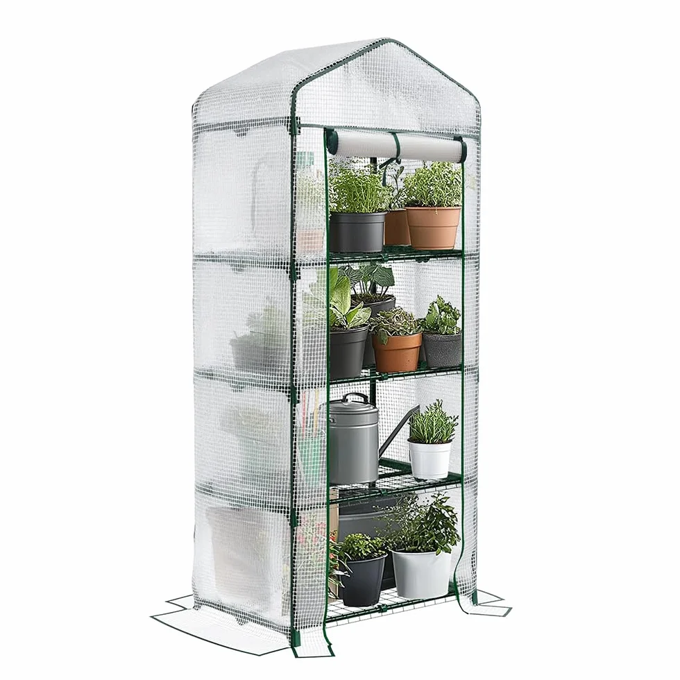 VOUNOT Szklarnia ogrodowa PE z półkami 4-poziomowa szklarnia ogrodowa na rośliny kwiaty wzmocniona plandeka 135g/m2 chroń swoje rośliny we wszystkich porach roku 69x49x160cm