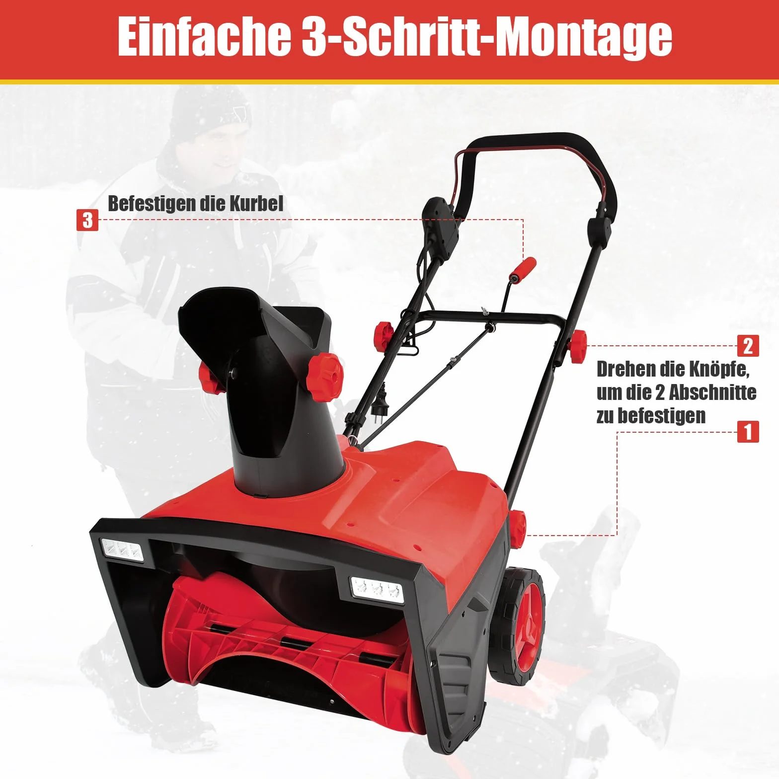 COSTWAY Elektryczna odśnieżarka z diodami LED i silnikiem 15 A, szerokość robocza 50 cm, wysokość robocza 25 cm, przewodowa maszyna do odśnieżania ze zjeżdżalnią obracaną o 180° i zasięgiem wyrzutu 9