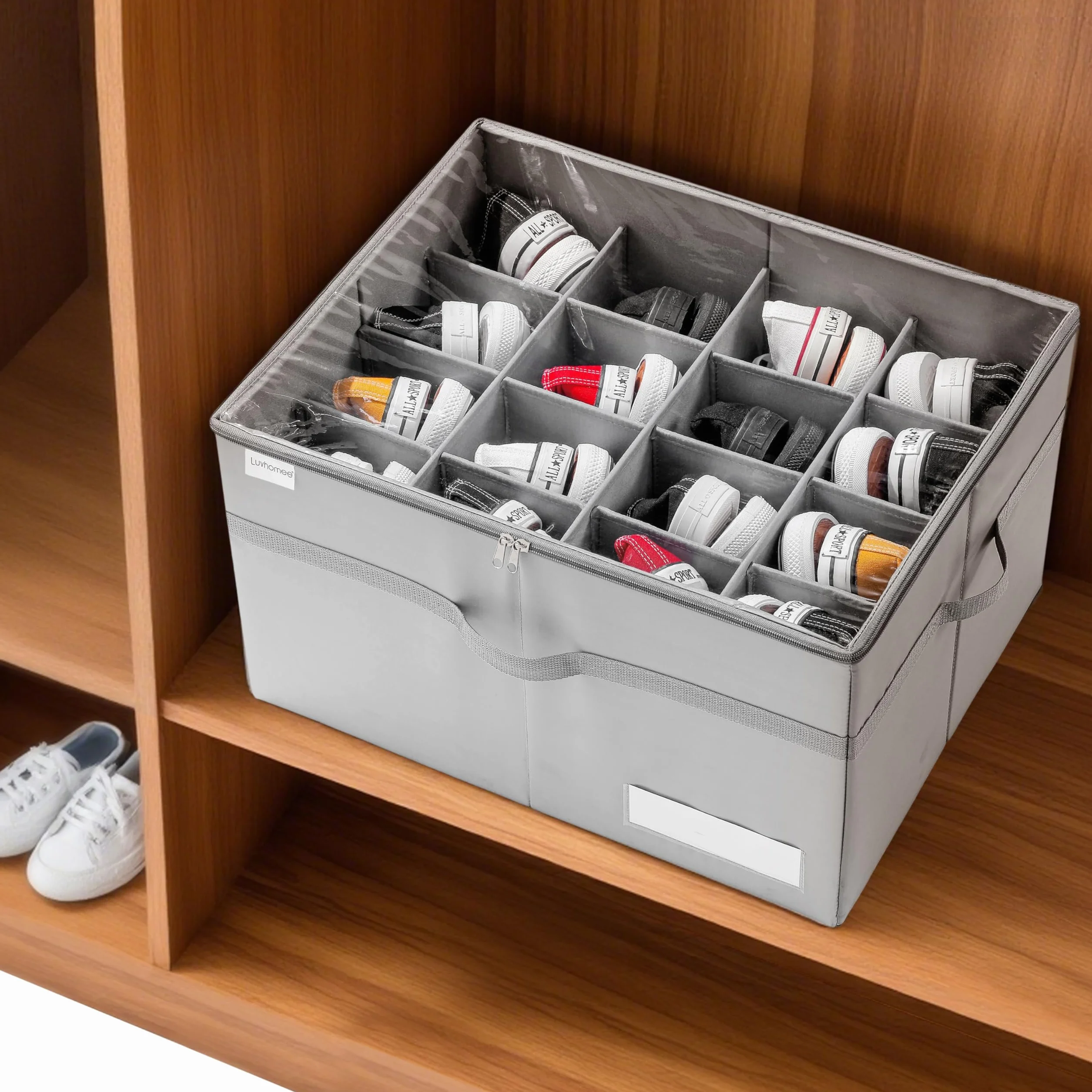 Shoe Organizer for Closet, Fits 16 Pairs, Large Shoe Box Storage Containers, Clear Foldable Shoe Storage Bins w/Bottom Support, Space Saving Shoes Holder w/Reinforced Handles, Gray