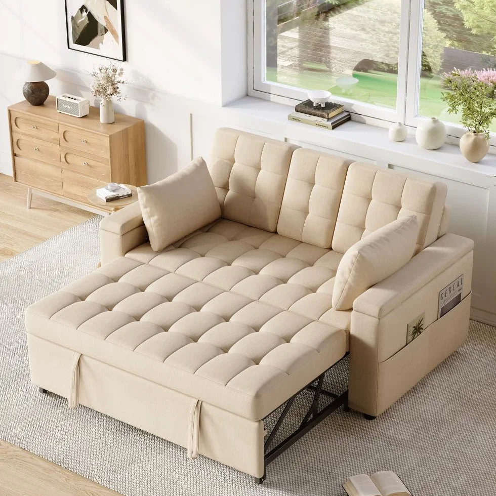 Sofa rozkładana, 2-osobowa, wielofunkcyjna sofa z funkcją spania, wykonana z aksamitu, z poduszką i uchwytem na napoje, do salonu i małych mieszkań (beżowa + bawełna len + 2 siedzenia)