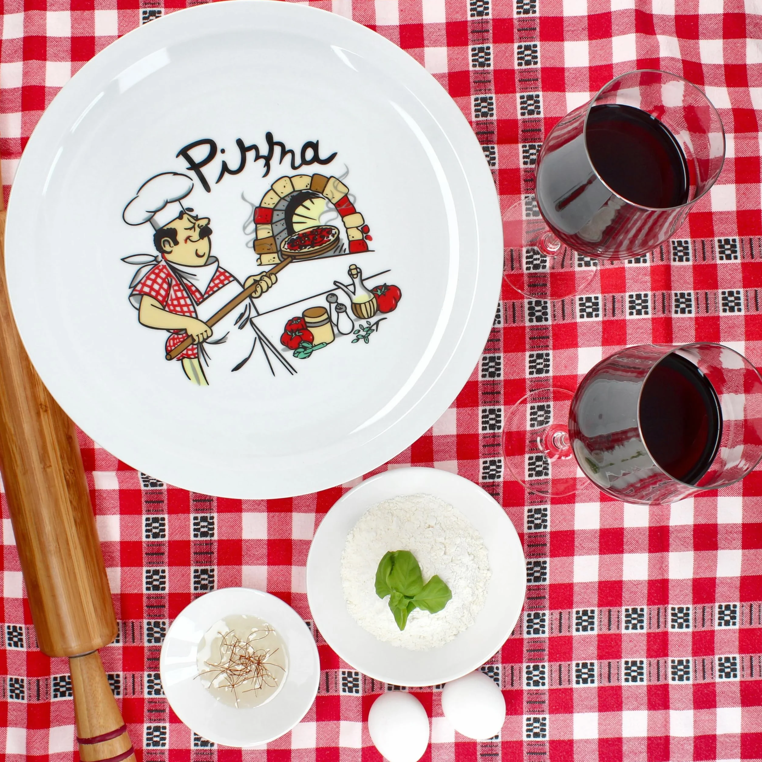 MamboCat Zestaw 6 talerzy do pizzy Mario XXL I Ø 33,5 cm I dla 6 osób I białe duże talerze do pizzy z porcelany z motywem piekarza I do pizzy lub do przyrządzania I duże talerze obiadowe, półmisek do