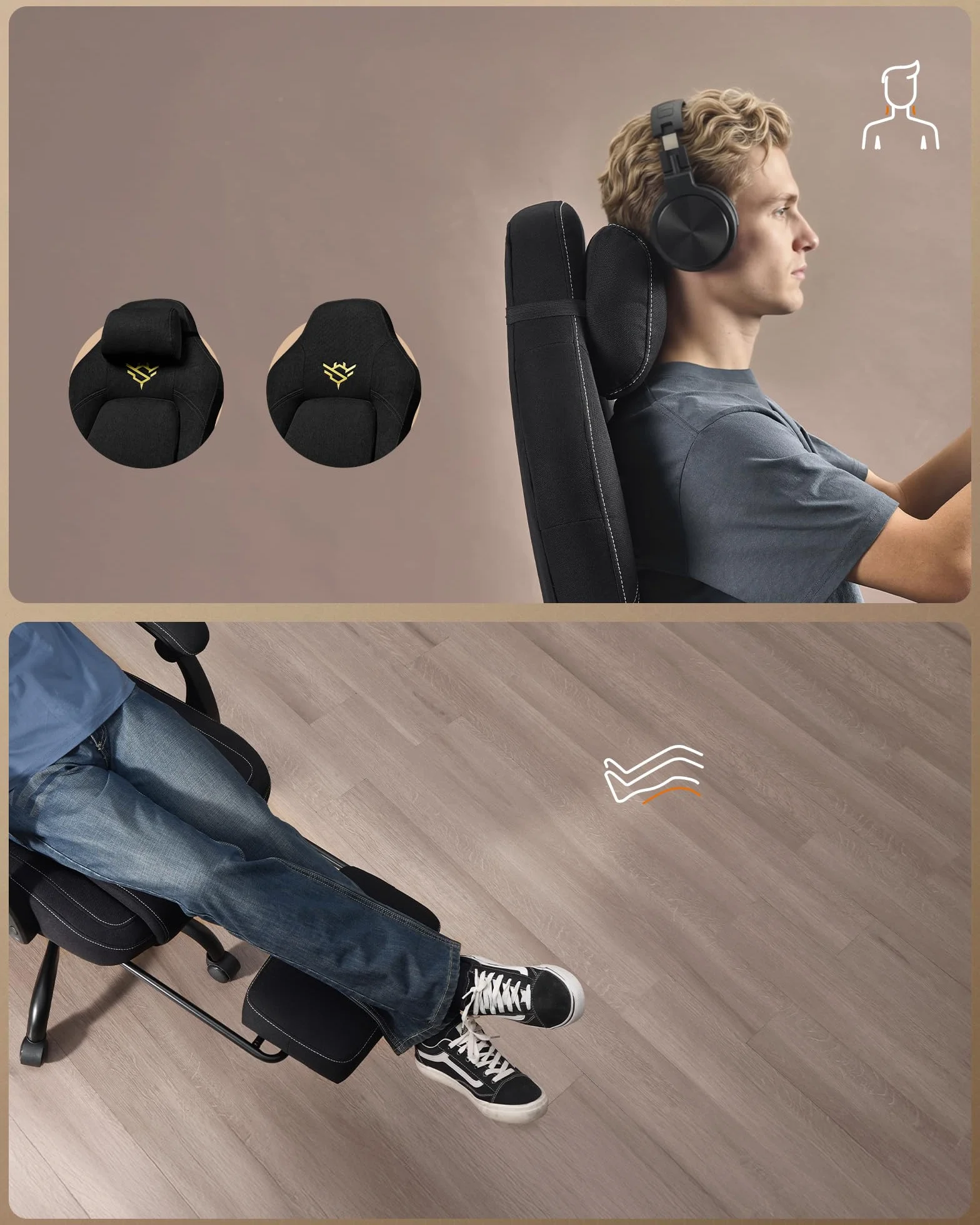 SONGMICS HOME Krzesło gamingowe, ergonomiczne krzesło komputerowe z podnóżkiem, krzesło biurowe, krzesło obrotowe z poduszką pod głowę, mieszanka bawełny i lnu, z regulacją wysokości, kolor czarny
