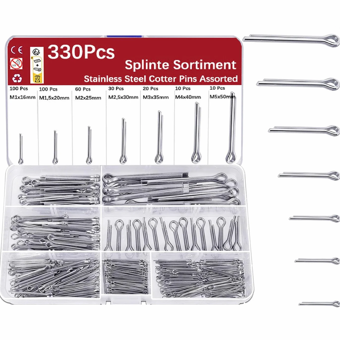 Zestaw 330 sztuk zawleczek ze stali nierdzewnej M1, M1.5, M2, M2.5, M3, M4, M5, A2, stal nierdzewna, zawleczka zabezpieczająca do narzędzi Cars Garden Tools