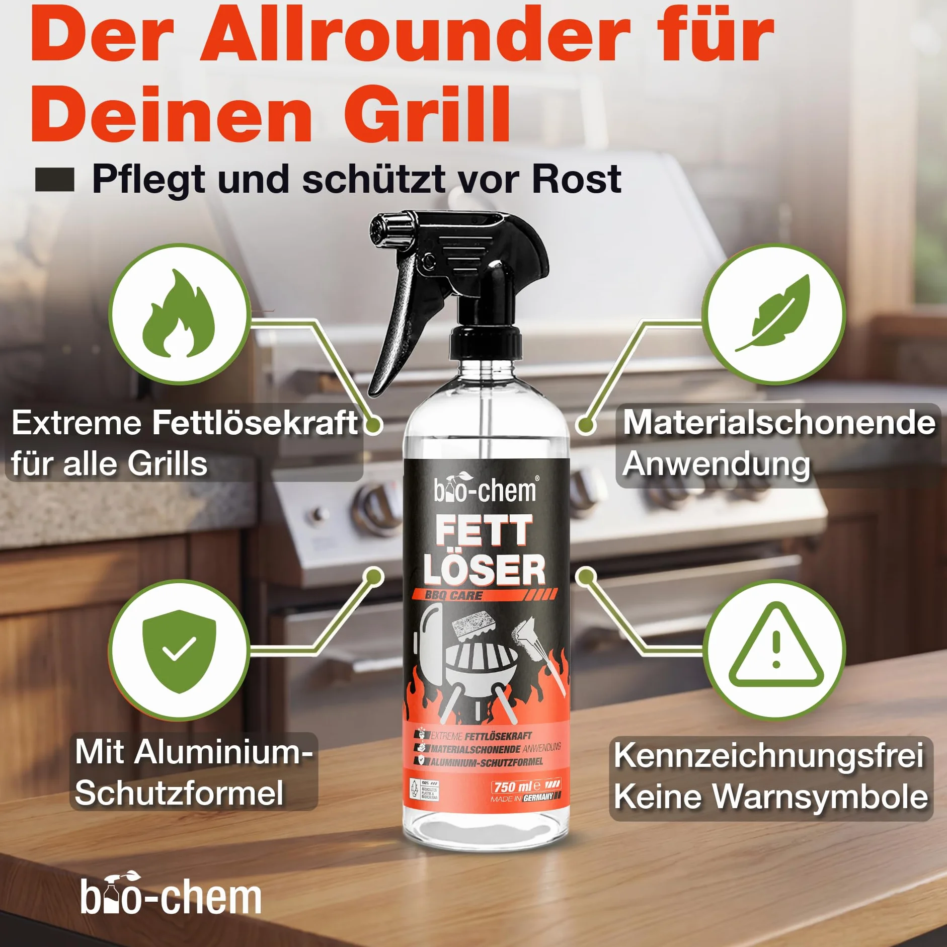 bio-chem BBQ-Cleaner ?rodek do czyszczenia grilla 750 ml + ?ciereczka z mikrofibry efektywne czyszczenie w profesjonalnej jako?ci spray piel?gnacyjny do rusztu do grilla, bezzapachowy i przyjazny
