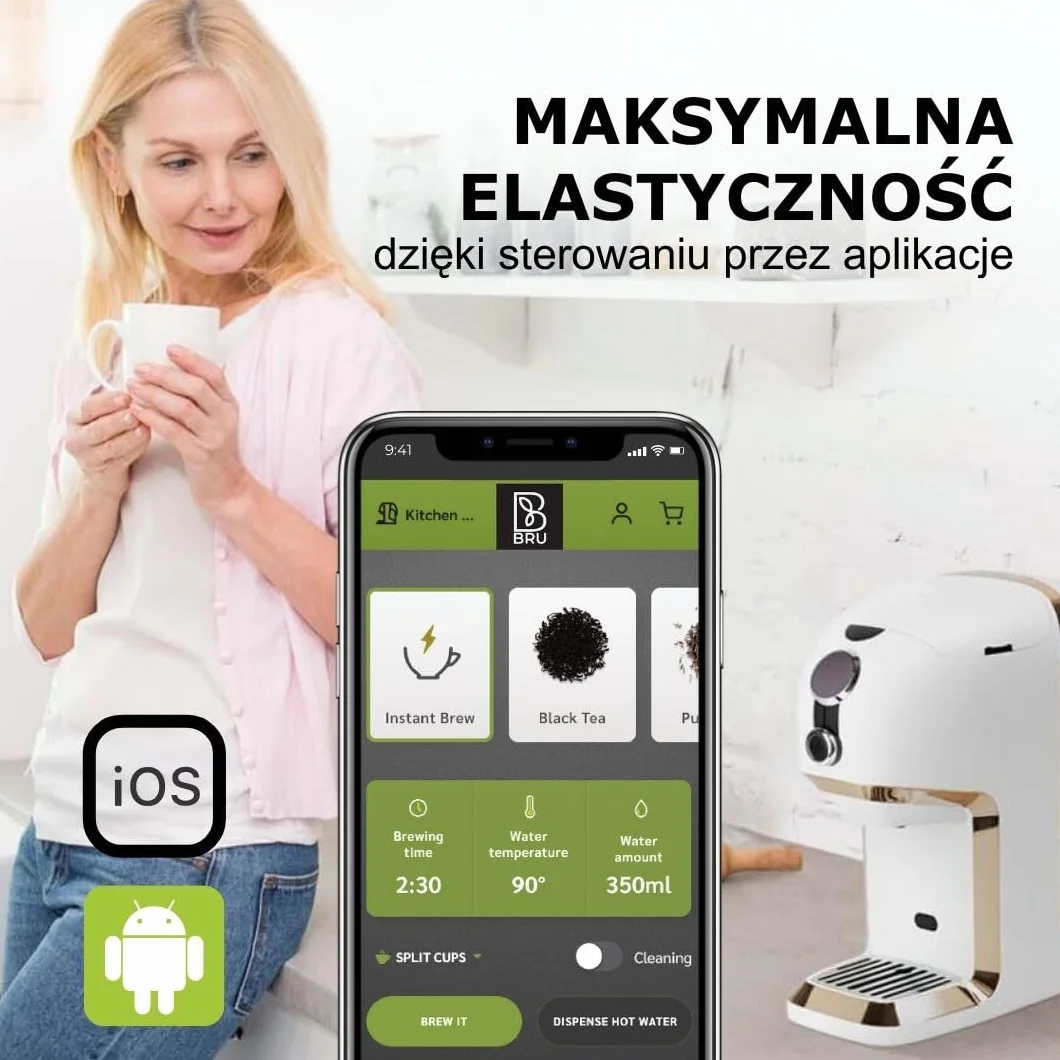 BRU Automat do herbaty sypkiej, ziół i torebek, herbata z dozownikiem gorącej wody i ekspresem, filtr wodny po naciśnięciu przycisku