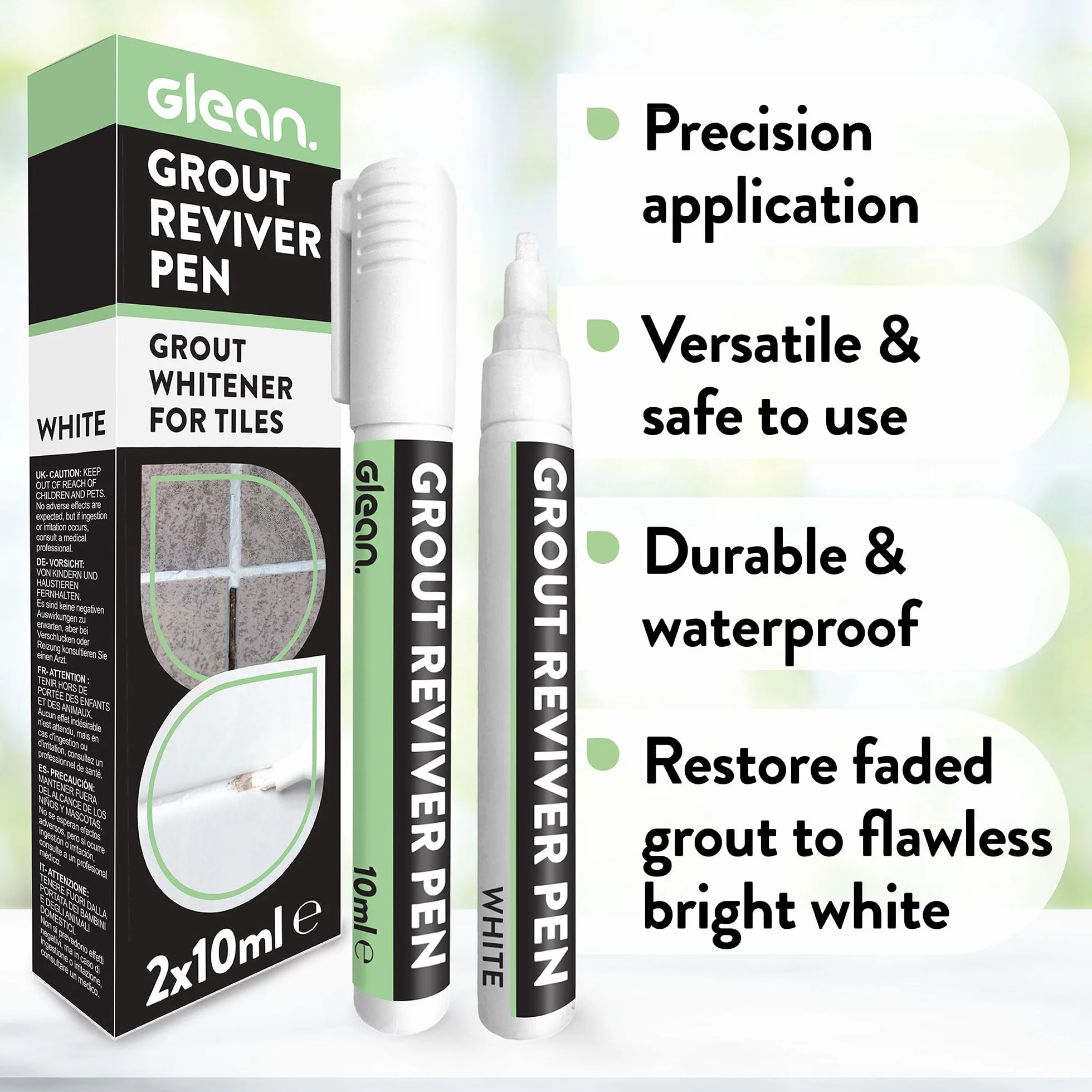 GLEAN Długopisy do fug, białe, 2 x 10 ml, wybielacz do fug do płytek łazienkowych, pisak do fug, przywracanie odbarwionych i wyblakłych fug płytek, łatwy w użyciu, biały
