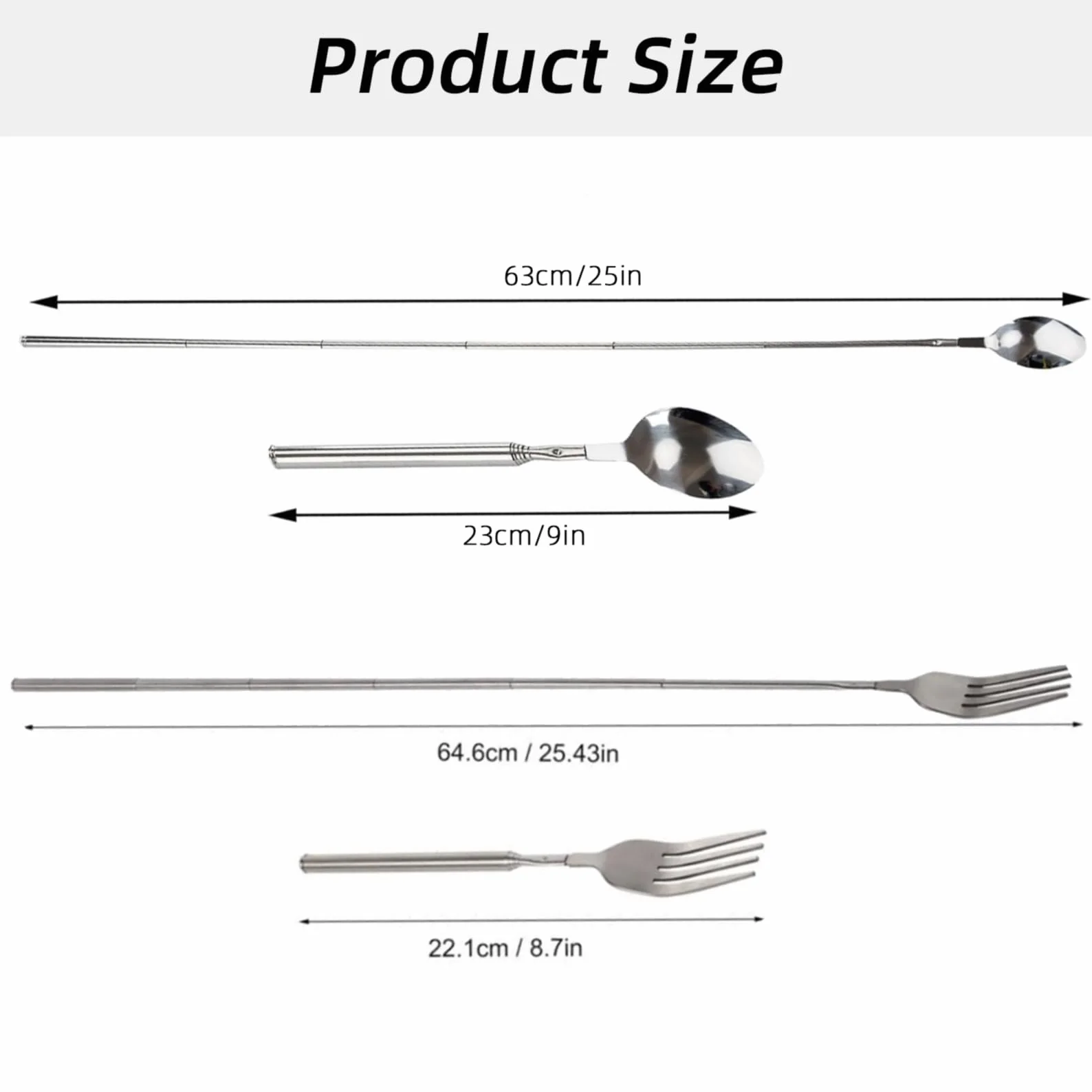 Zestaw 2 teleskopowych widelców, łyżki teleskopowe, widelce, wysuwane, długie łyżki, 63 cm, ze stali nierdzewnej, widelec teleskopowy 64 cm, do grilla, tostów, kolacji, owoców, deserów