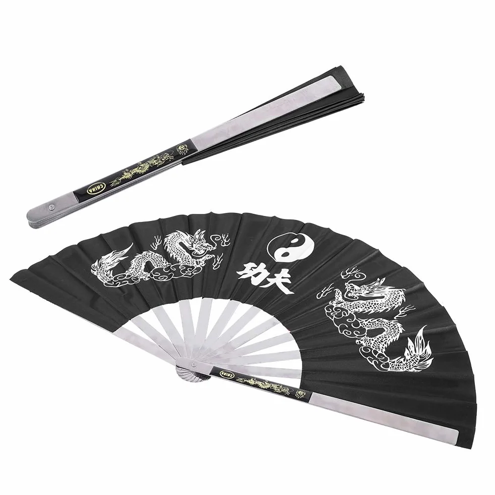 Wentylator SkłAdany ze Stali Nierdzewnej ChińSki Wentylator Tai Chi Sztuki Walki Wentylator Walki Kung Fu dla MężCzyzn i Kobiet Wydajność, Taniec, Dekoracje 64 X 35 Cm (Czarny)