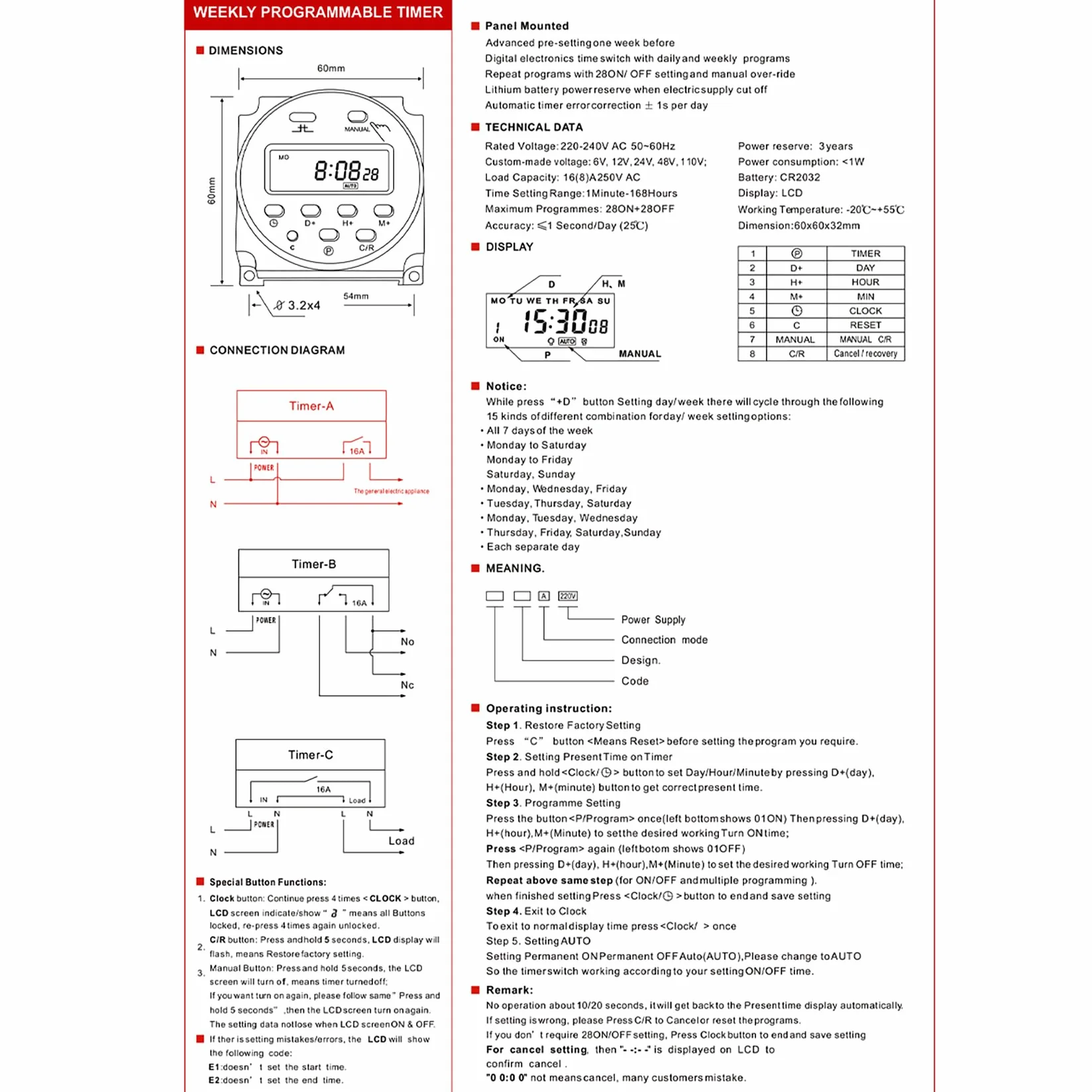 Heschen CN101A Cyfrowy Timer LCD Programowalny Przełącznik Przekaźnika AC 220V 16A SPST