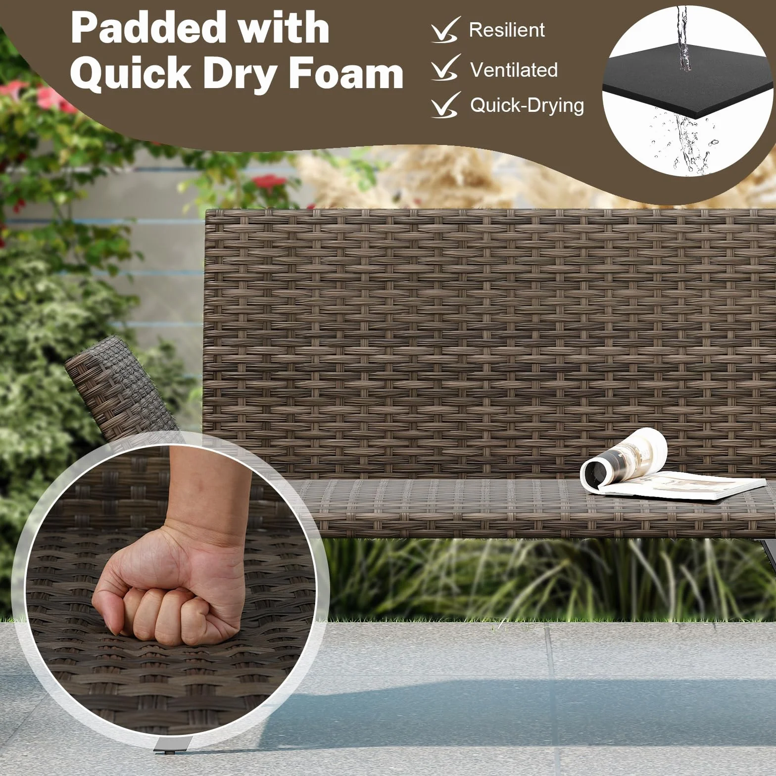 GIANTEX 2-osobowa rattanowa sofa ogrodowa, rozkładana ławka ogrodowa z regulowanymi podłokietnikami, pleciona konstrukcja, długość 163–178 cm, obciążenie 300 kg, leżanka ogrodowa na taras