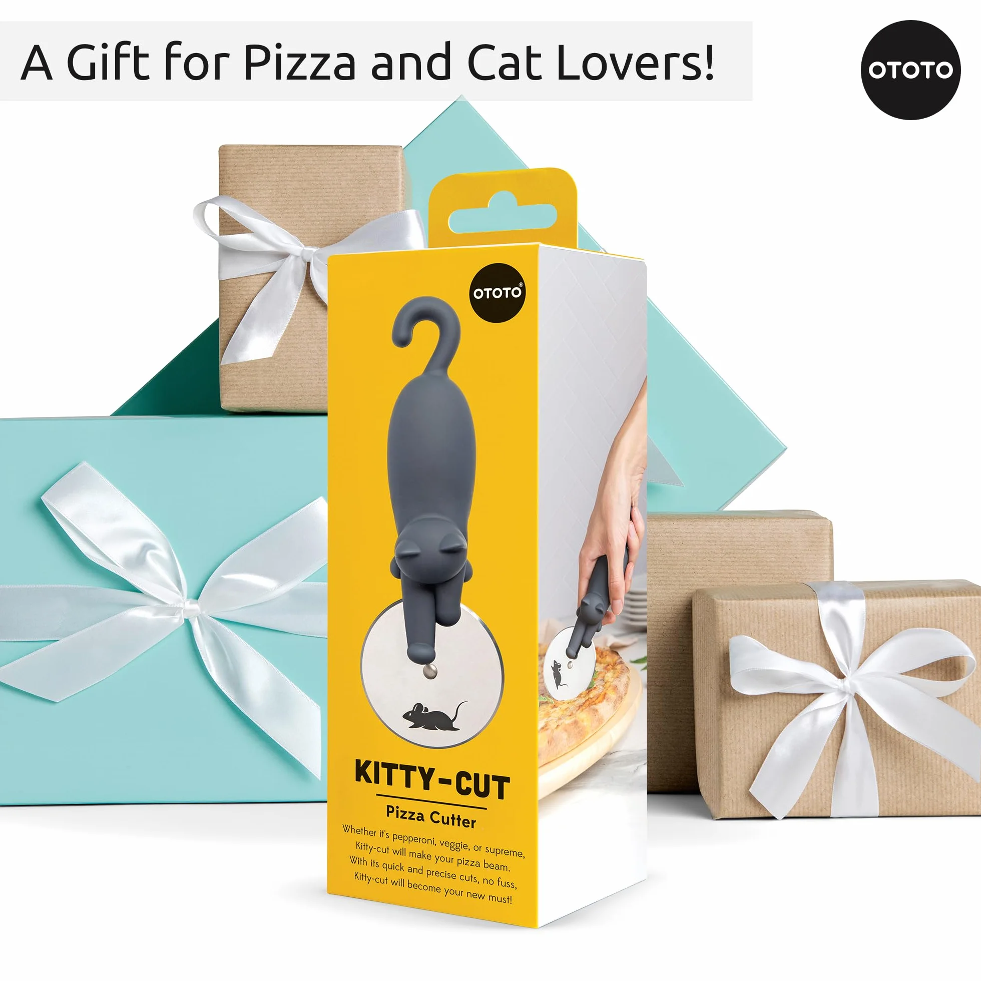 OTOTO Koło do krojenia pizzy Kitty Cut – foremki do pizzy ze stali nierdzewnej, zabawne gadżety kuchenne i prezenty kuchenne, prezent dla kobiet miłośników kotów