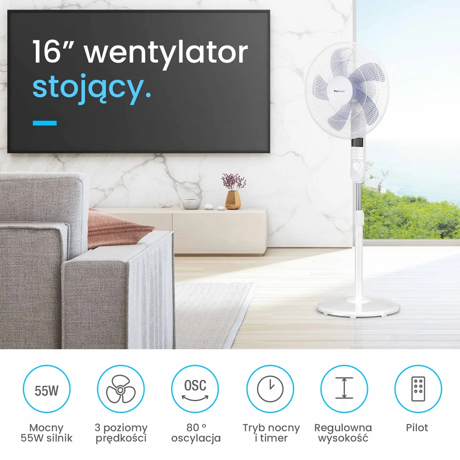 Pro Breeze Wentylator Stojący z Pilotem 40cm 55W Oscylacja 80° LED Cichy Biały