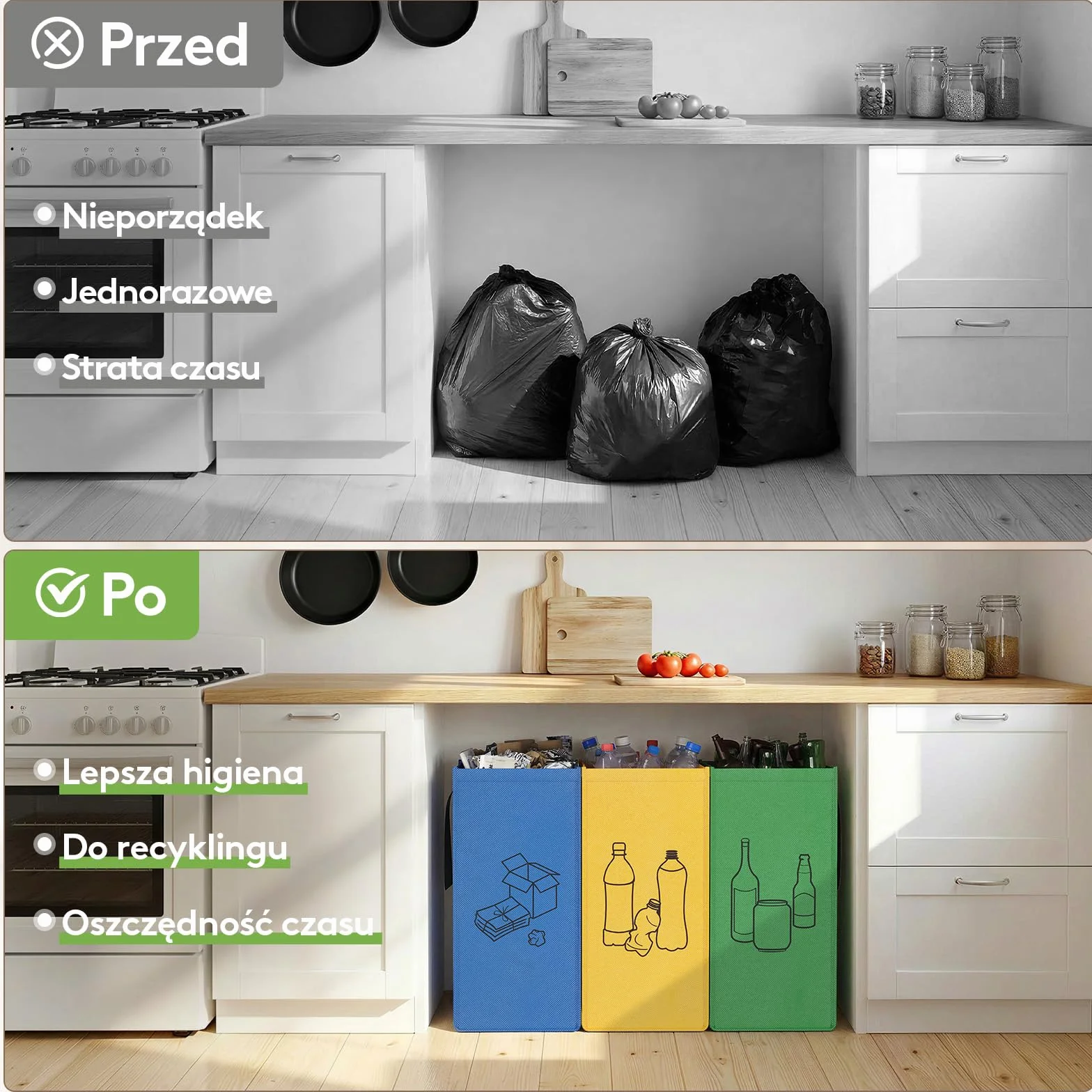Lifewit System segregacji odpadów do kuchni, kosze na śmieci 3-częściowe na papier, szkło i plastik, pojemniki na recykling, pojemnik na zużyty papier i pojemnik na butelki z depozytem, 3 X 75L, Łatwe