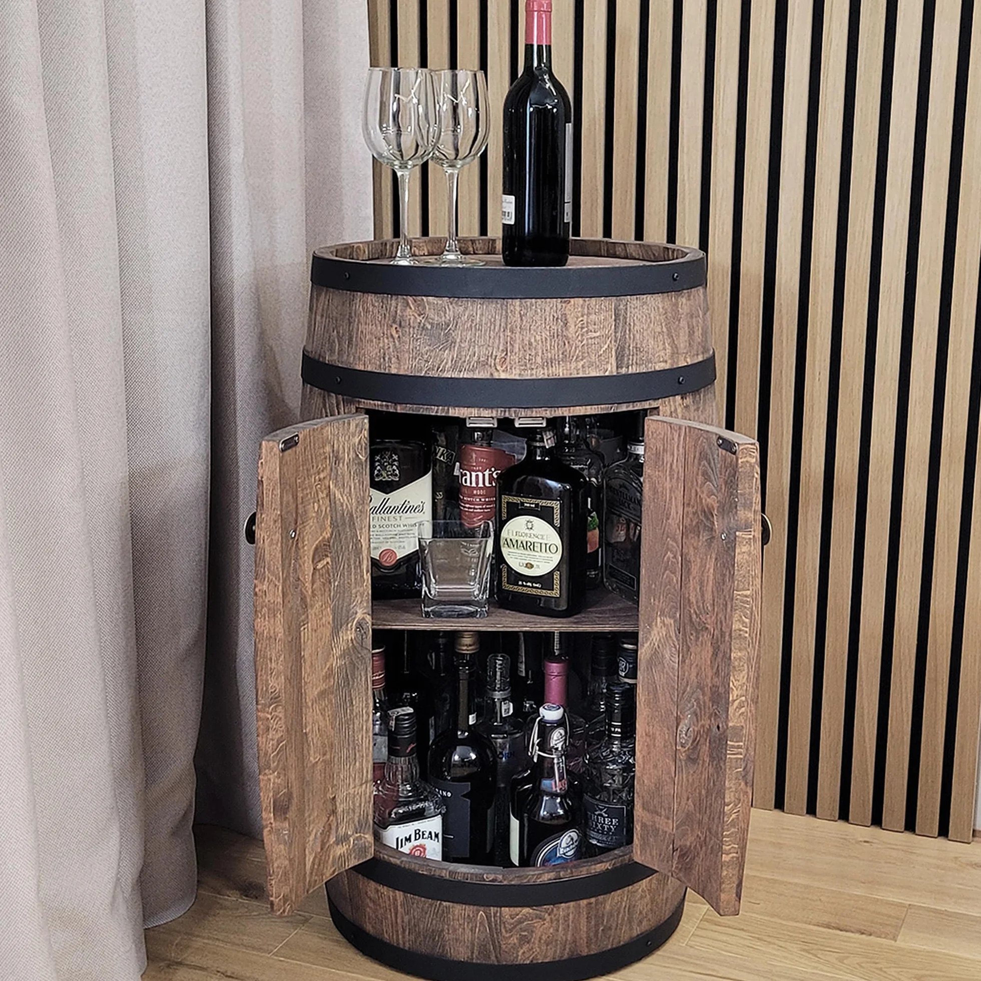 Barek z 2 drzwiczkami, drewniana beczka XL na wino – ręcznie robiony regał na butelki bar vintage, szafka na whisky, piwo, wino, prezent dla mężczyzny