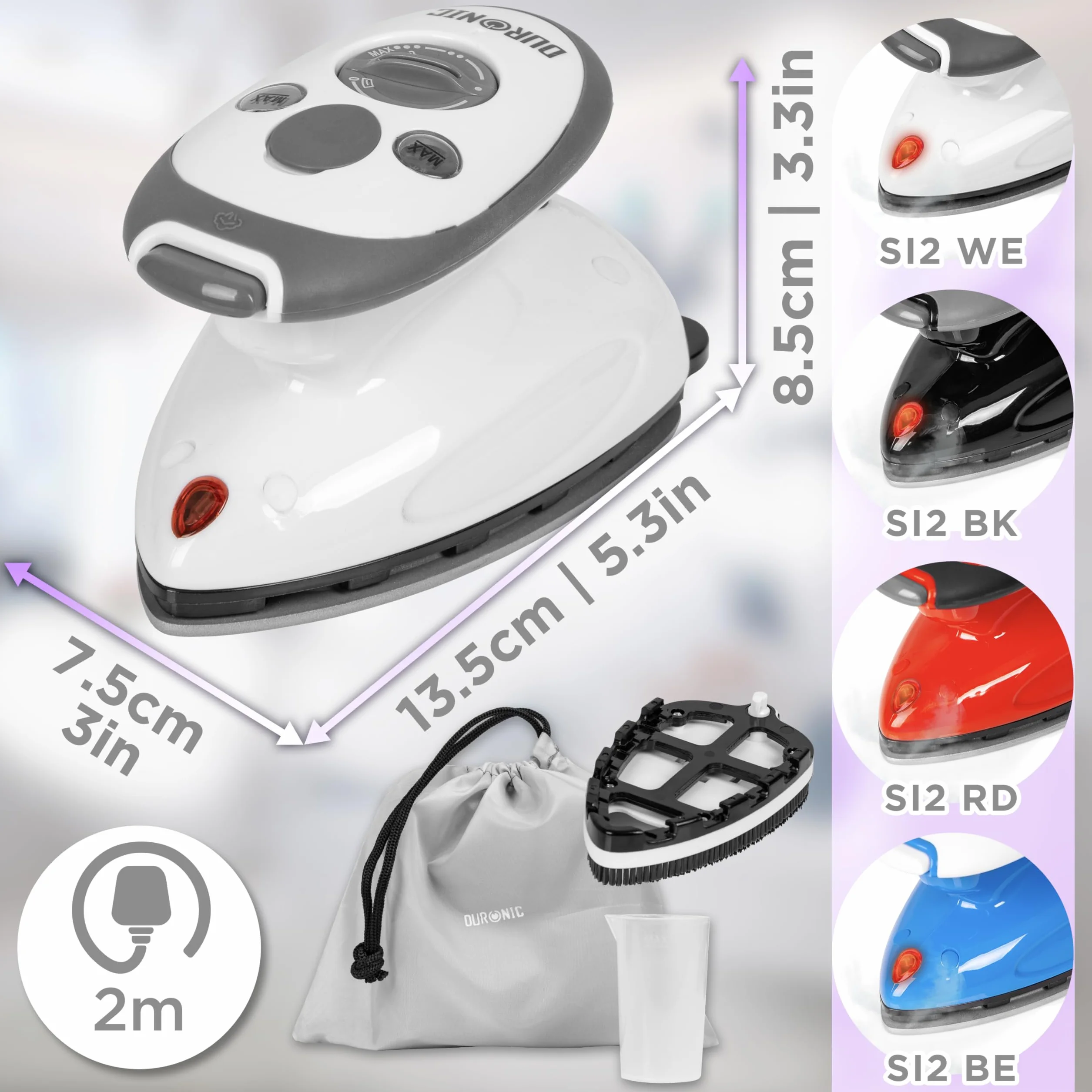 Duronic SI2 Podróżne żelazko parowe 375W | Lekkie i kompaktowe 762 g | Nieprzywierająca podeszwa | Zbiornik 50 ml | Z szczotką i kieszenią do przenoszenia