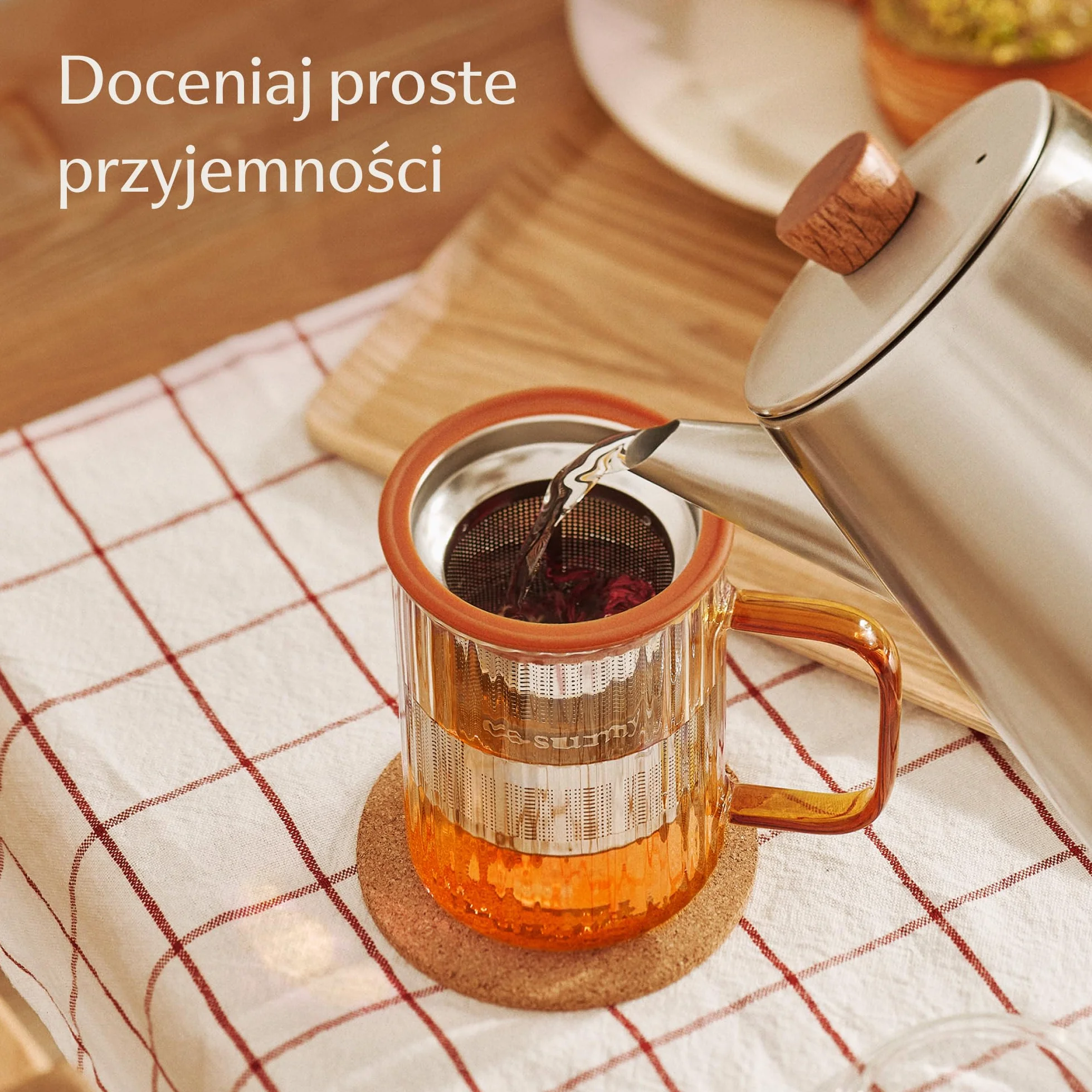 Cosumy Filiżanka do Herbaty z Pokrywką i Sitkiem 450ml - Żaroodporne Szkło Borokrzemowe z Kolorowymi Uchwytami - Korek Podstawka & Filtr ze Stali Nierdzewnej