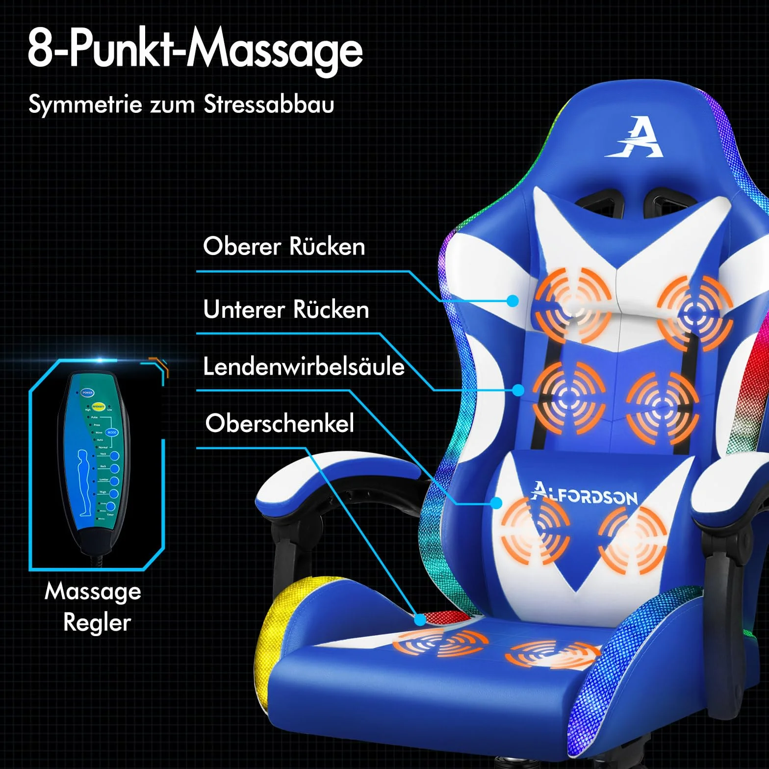 ALFORDSON Fotel biurowy, fotel gamingowy, ergonomiczny fotel dla graczy z podnóżkiem, zagłówek, poduszka lędźwiowa, krzesło obrotowe, udźwig 180 kg, niebiesko-biały