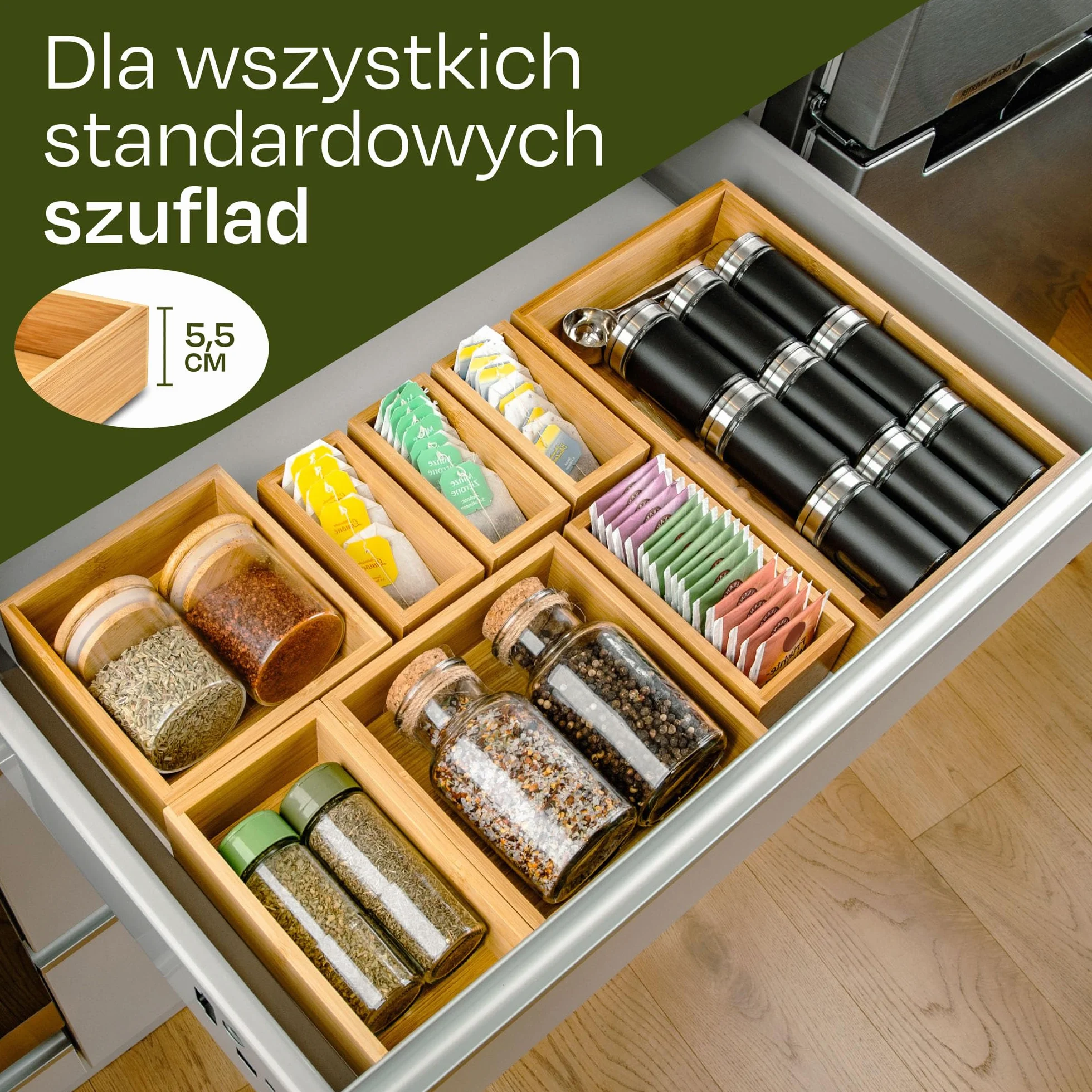 Zestaw 8 pudełek na organizery do szuflad - Wykonane z drewna bambusowego FSC - Z podkładkami antypoślizgowymi