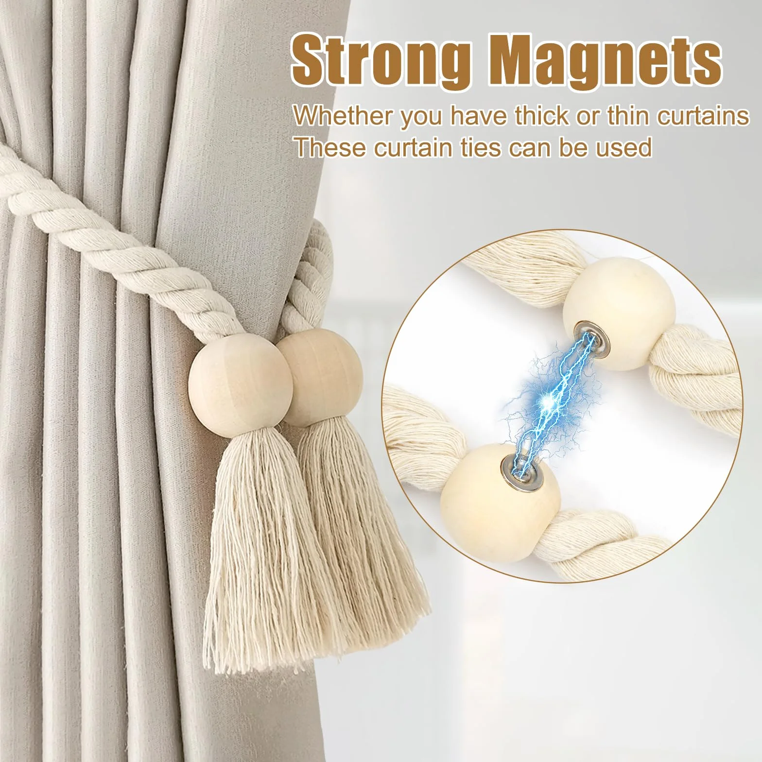 2 magnetyczne uchwyty marszczące do zasłon, uchwyty marszczące do zasłon, ręcznie tkane, taśmy marszczące, linka do zasłon, dekoracja boho, naturalna bawełna, do domu i biura (beżowe)
