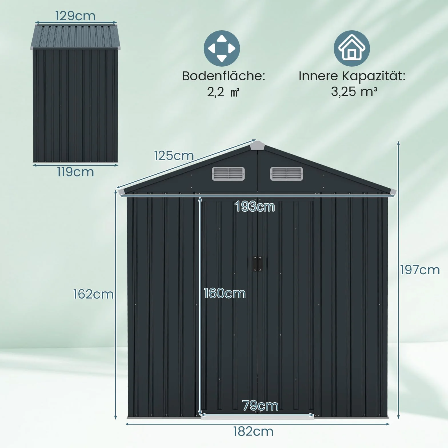 COSTWAY Domek ogrodowy metalowy, 182 x 129 x 197 cm | 3,25 m³, szopa ogrodowa z dachem dwuspadowym i 2 drzwiami przesuwnymi, szopa na narzędzia z zamkiem, domek ogrodowy, szopa ogrodowa na zewnątrz
