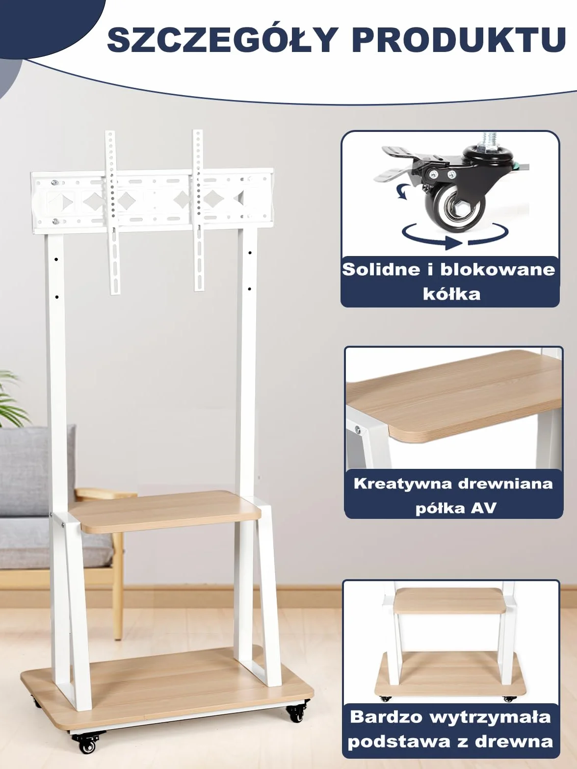 Mobilny stojak na telewizor, na kółkach, płaski / zakrzywiony stojak na telewizor z kółkami z regulacją wysokości, wytrzymały, przenośny stojak podłogowy z drewnianą półką, wytrzymuje obciążenie do 45