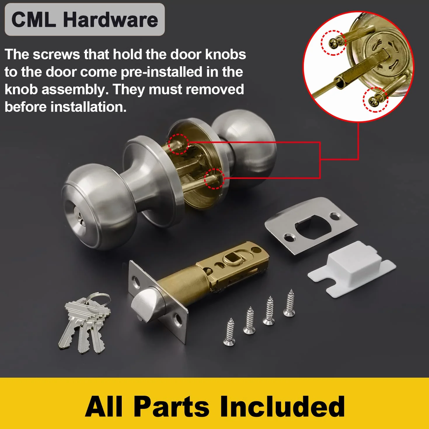 CML Hardware zestaw gałek drzwiowych wejściowych na klucz, zamek drzwiowy ze stali nierdzewnej do drzwi zewnętrznych i wewnętrznych, okrągła gałka, 1 sztuka