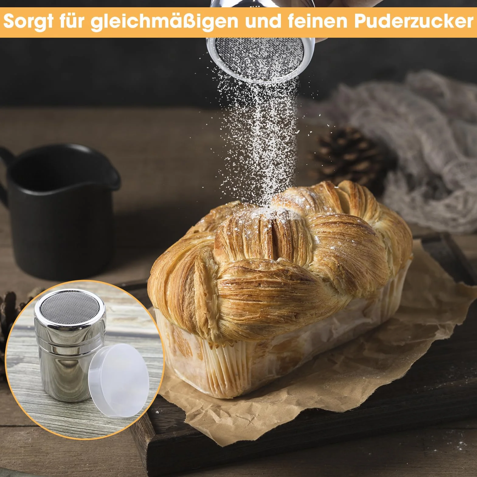 Posypywacz ze stali nierdzewnej z pokrywką, sitko, młynka do cukru pudru, kakao cappuccino, 16 foremek tłoczonych i miarka