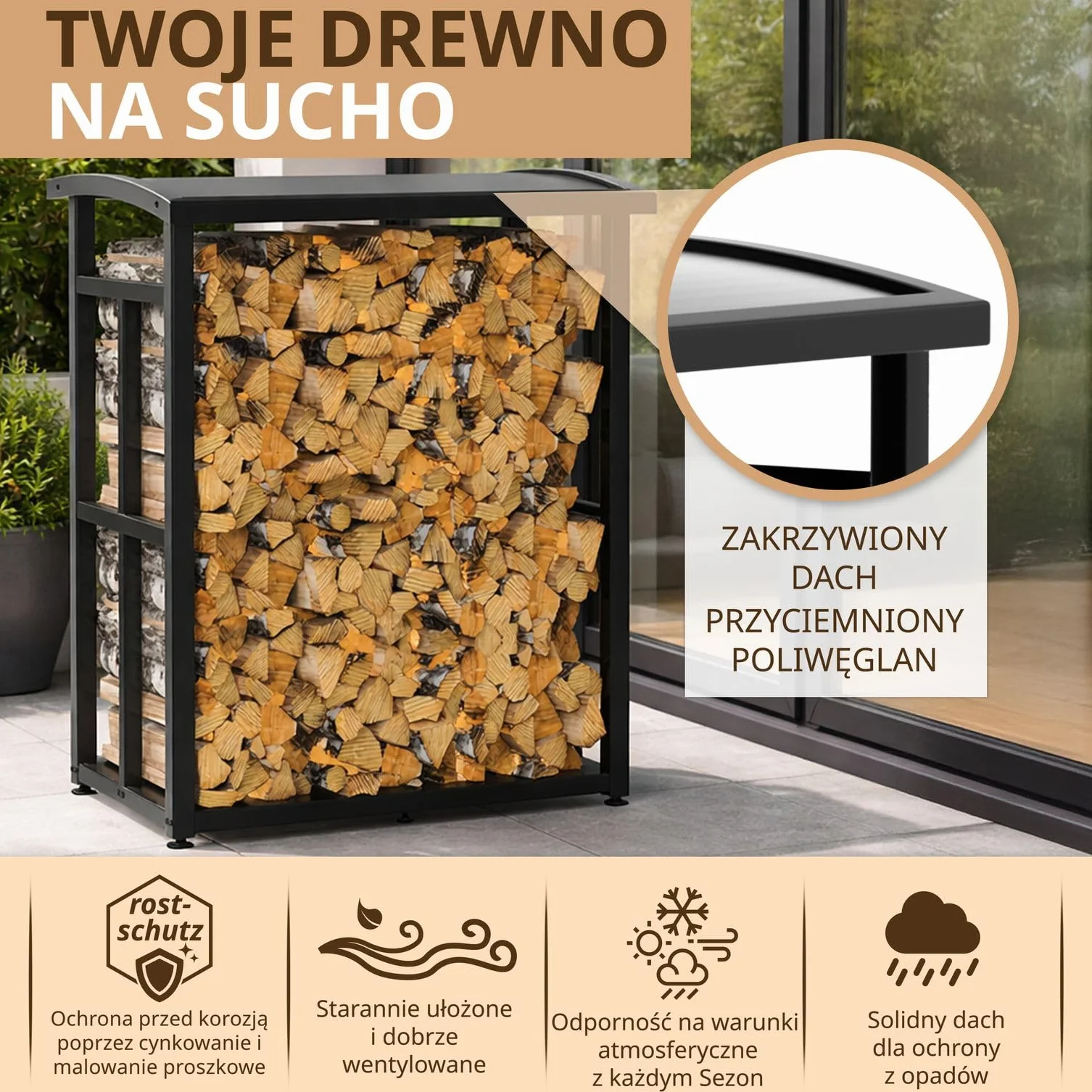 Stojak na drewno opałowe z daszkiem 91 x 56 x 117 cm metalowy regał na drewno kominkowe na zewnątrz na taras i balkon czarny na 2x 25 cm drewna opałowego