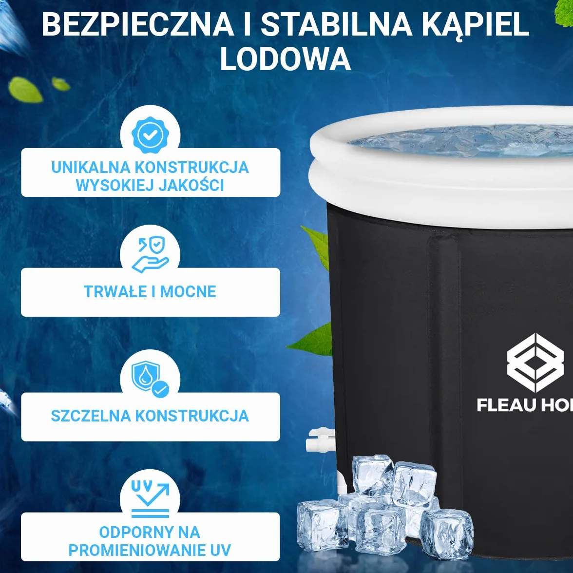 Fleau Home Kąpiel lodowa XXL PRO – basen z pokrywą i pompką – unikalny model izolacyjny – podwójna poduszka do siedzenia – wanna nadmuchiwana – wanna – nadmuchiwana – metoda Wim Hof