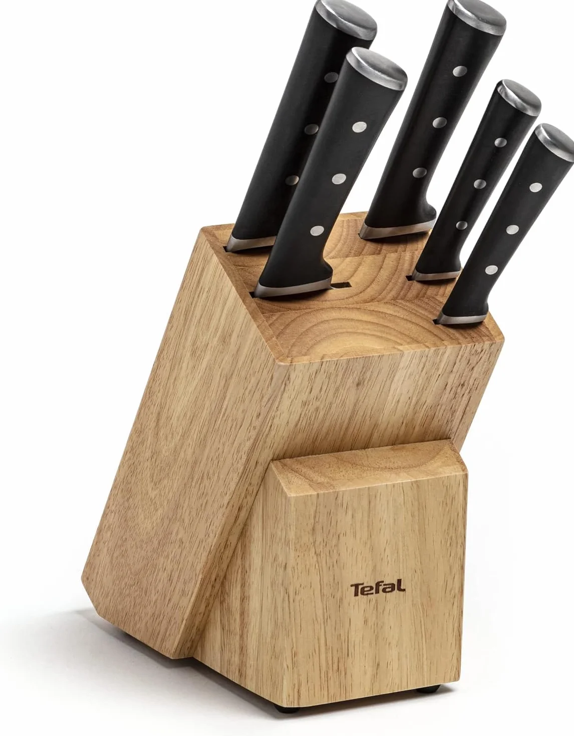 TEFAL Ice Force K232S574, Zestaw 5 noży w drewnianym bloku, Wyjątkowa trwałość i skuteczność, Nóż szefa kuchni 20cm, Nóż do chleba 20cm, Nóż Santoku 18cm, Nóż uniwersalny 11cm, Nóż do warzyw 9cm